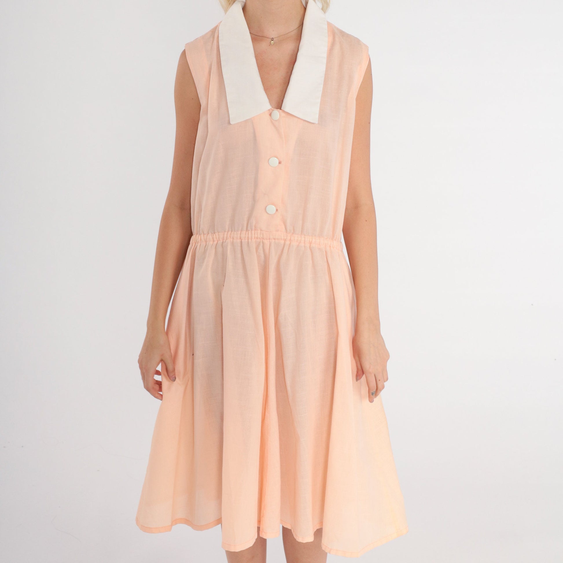 70s Peachy Pink Shirtwaist Dress Sleeveless Midi Collared Button-Up Medium