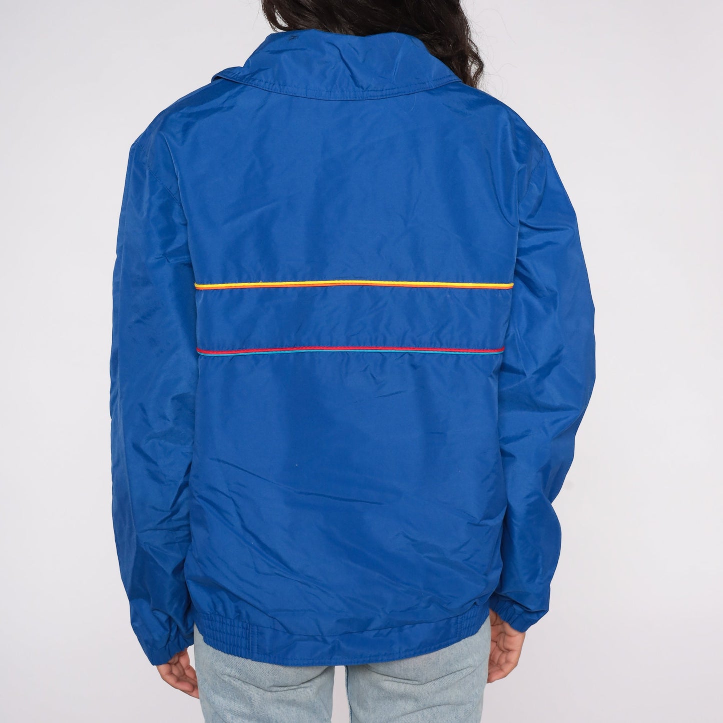 90s Blue Striped Windbreaker Jacket Zip Up Nylon Warmup Large