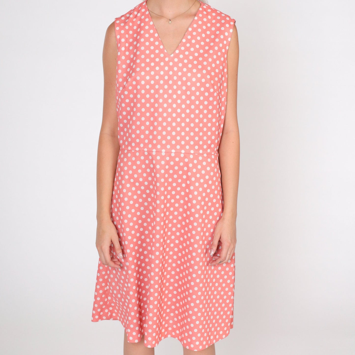 70s Pink Polka Dot Mini Dress Sleeveless V-Neck High Waist Medium