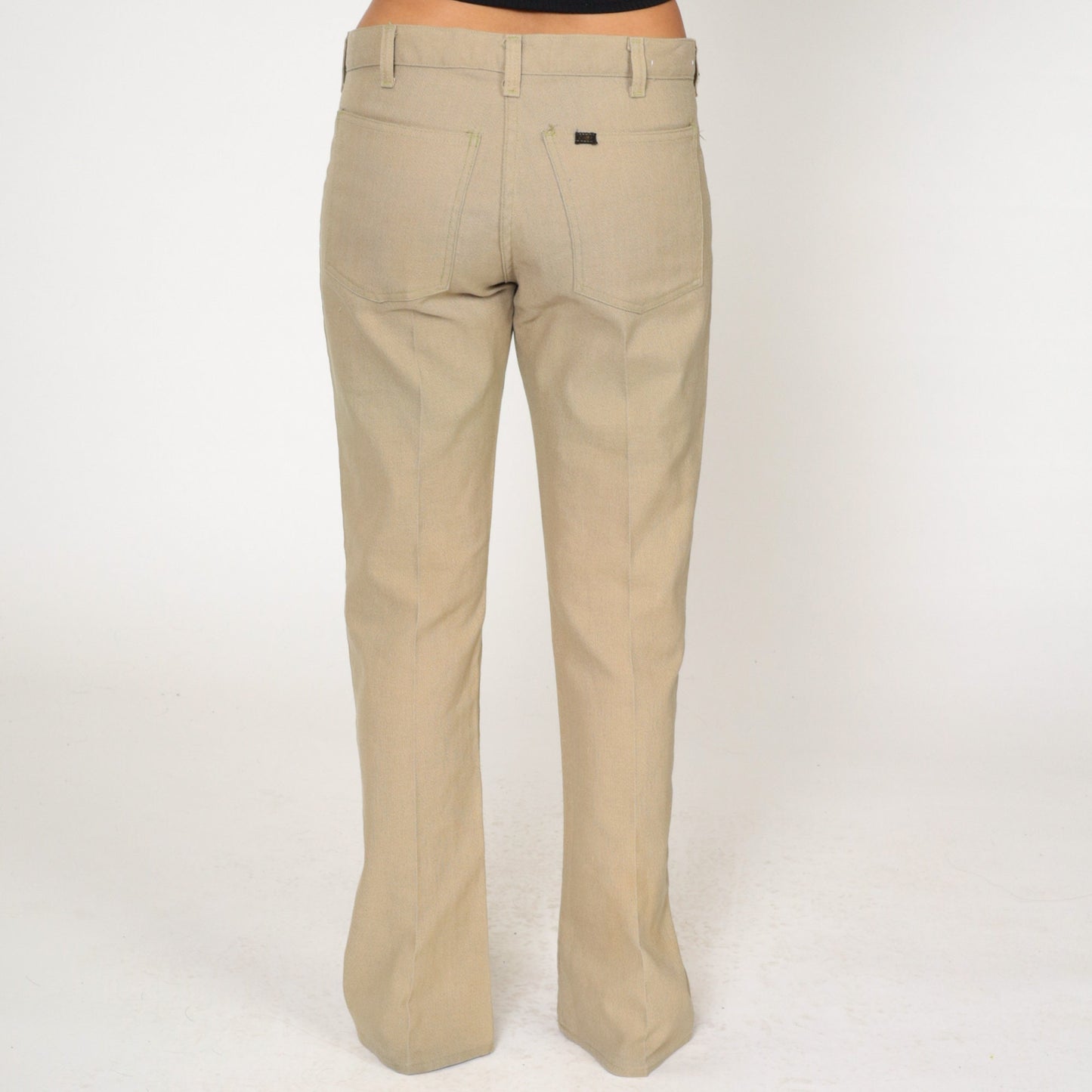 70s Tan Flared Trousers Exposed Button Fly Bell Bottom Mid Rise Medium