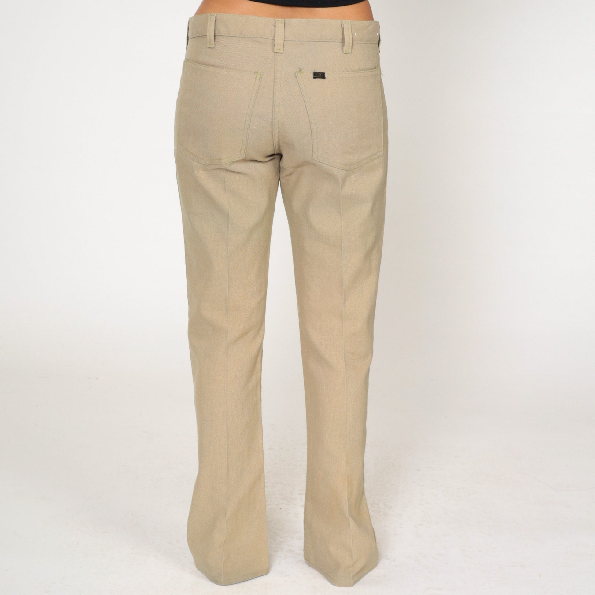 70s Tan Flared Trousers Exposed Button Fly Bell Bottom Mid Rise Medium