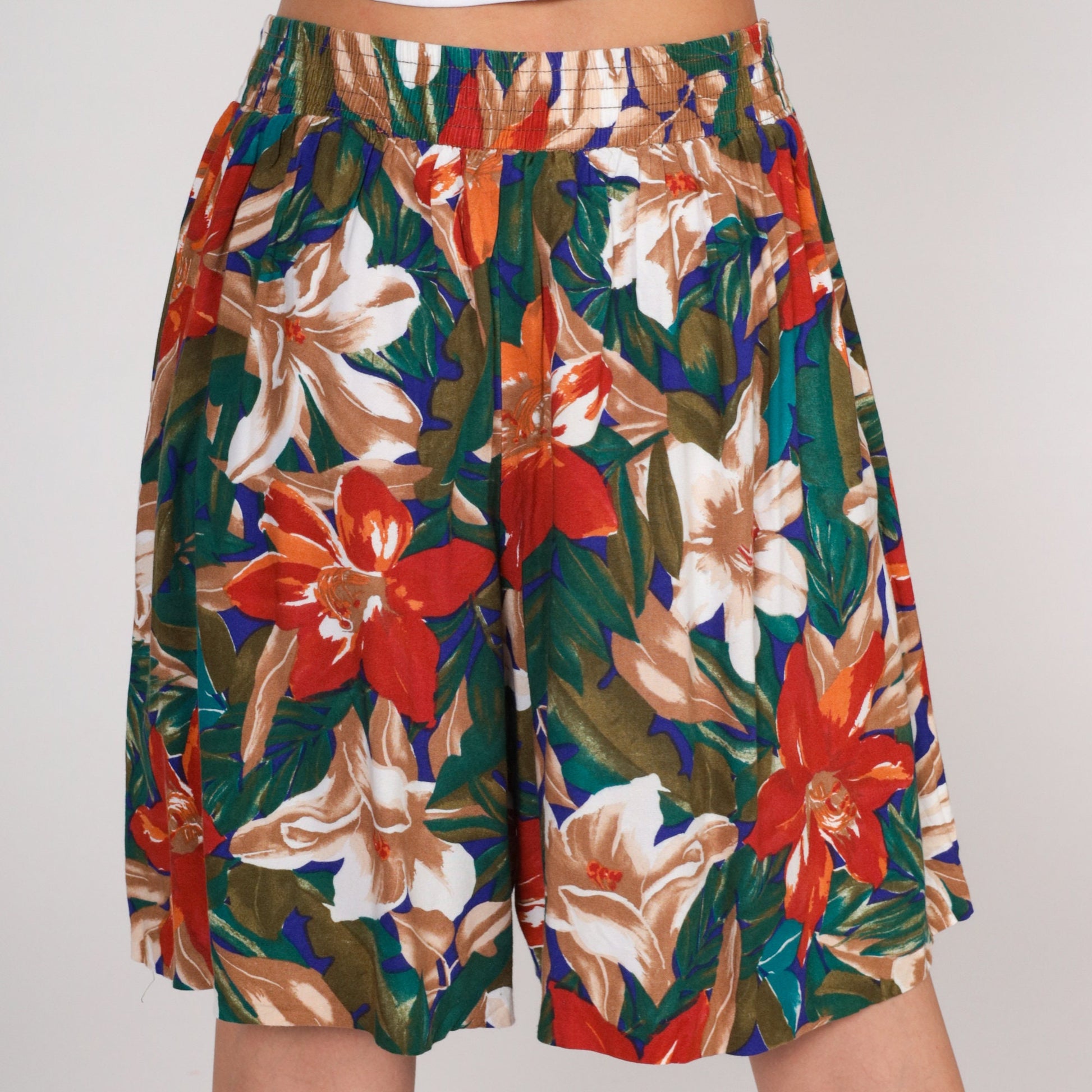 90s Tropical Floral Hibiscus Pleated High-Waist Shorts Rayon Medium M