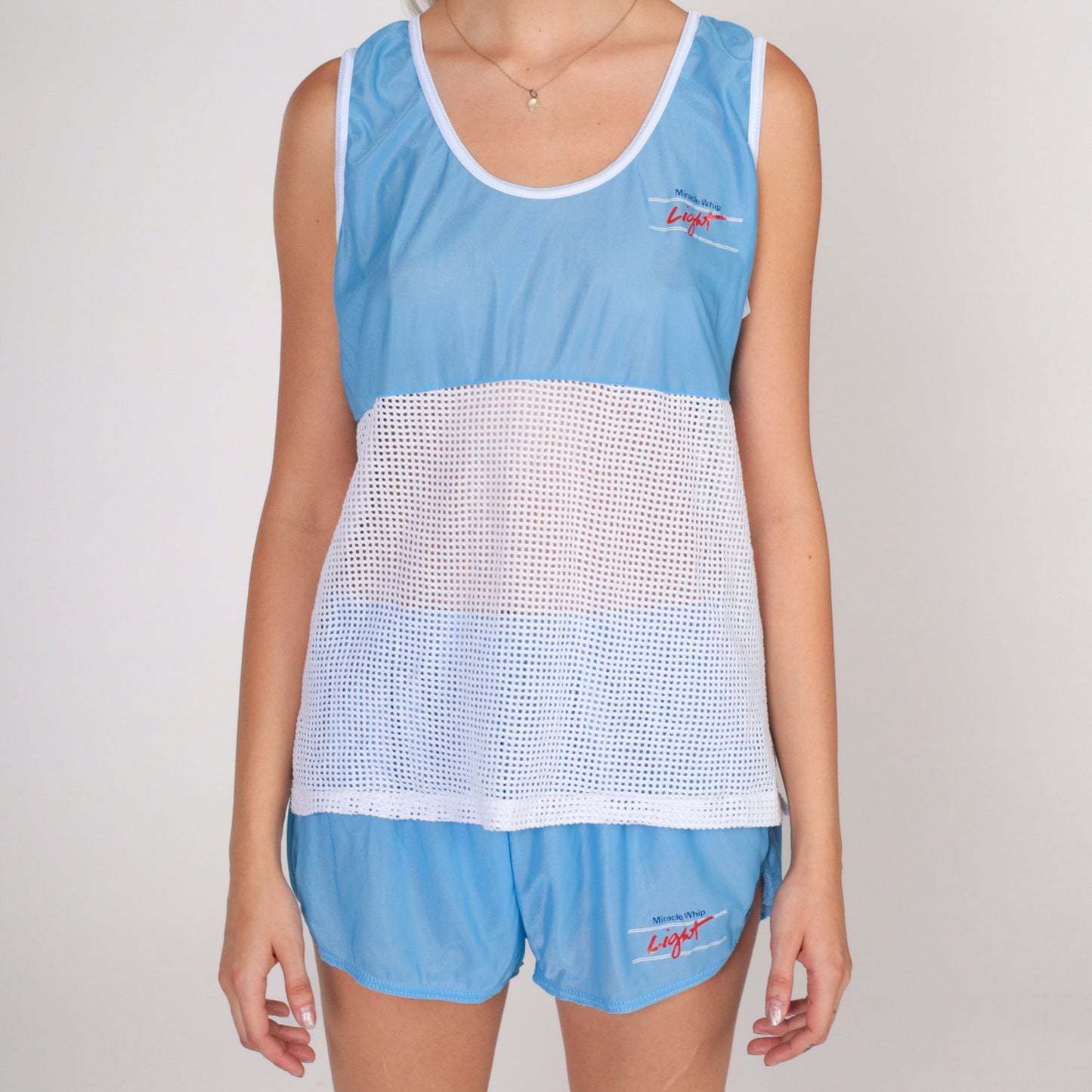 80s Miracle Whip Light Nylon Tank Top & Shorts Set Blue Mesh Small