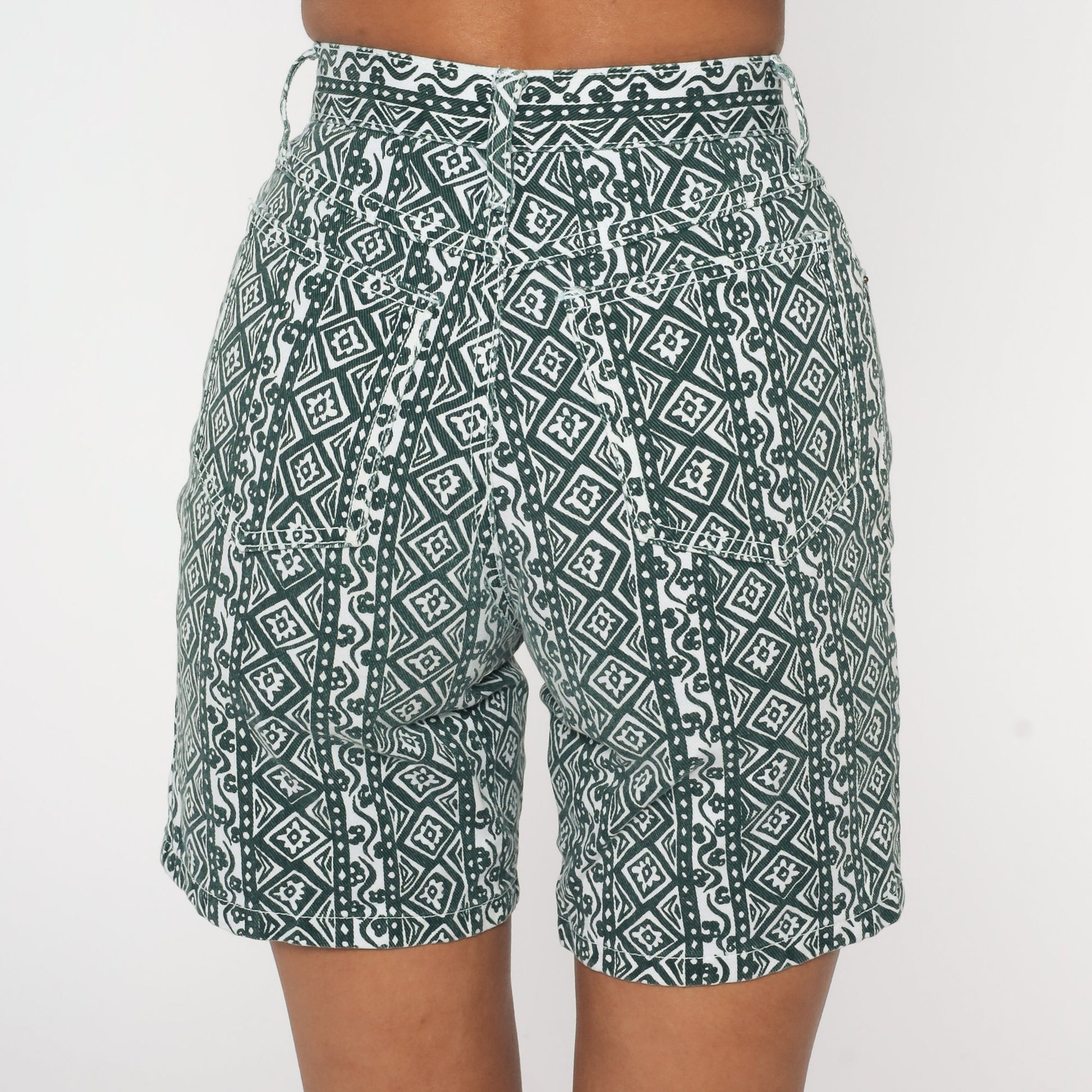 90s Sostanza Floral Denim Shorts High Waist Green White Geometric Print XXS