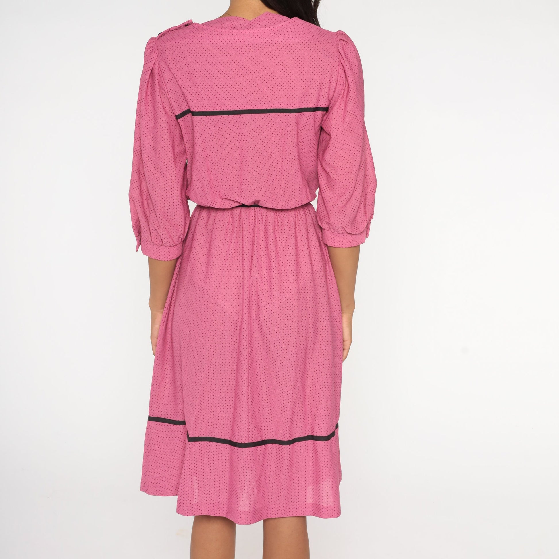 70s Pink Polka Dot Midi Dress Puff Sleeve High Waist Belted Small
