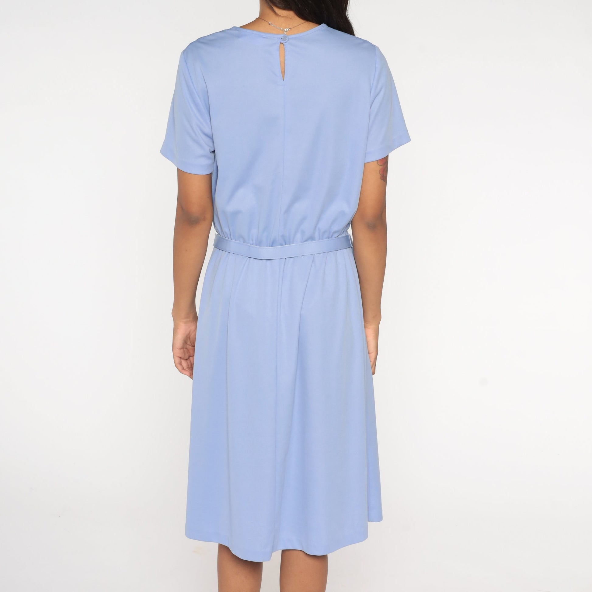 80s Periwinkle Midi Dress High Waisted Belted Short Sleeve Blue Large L