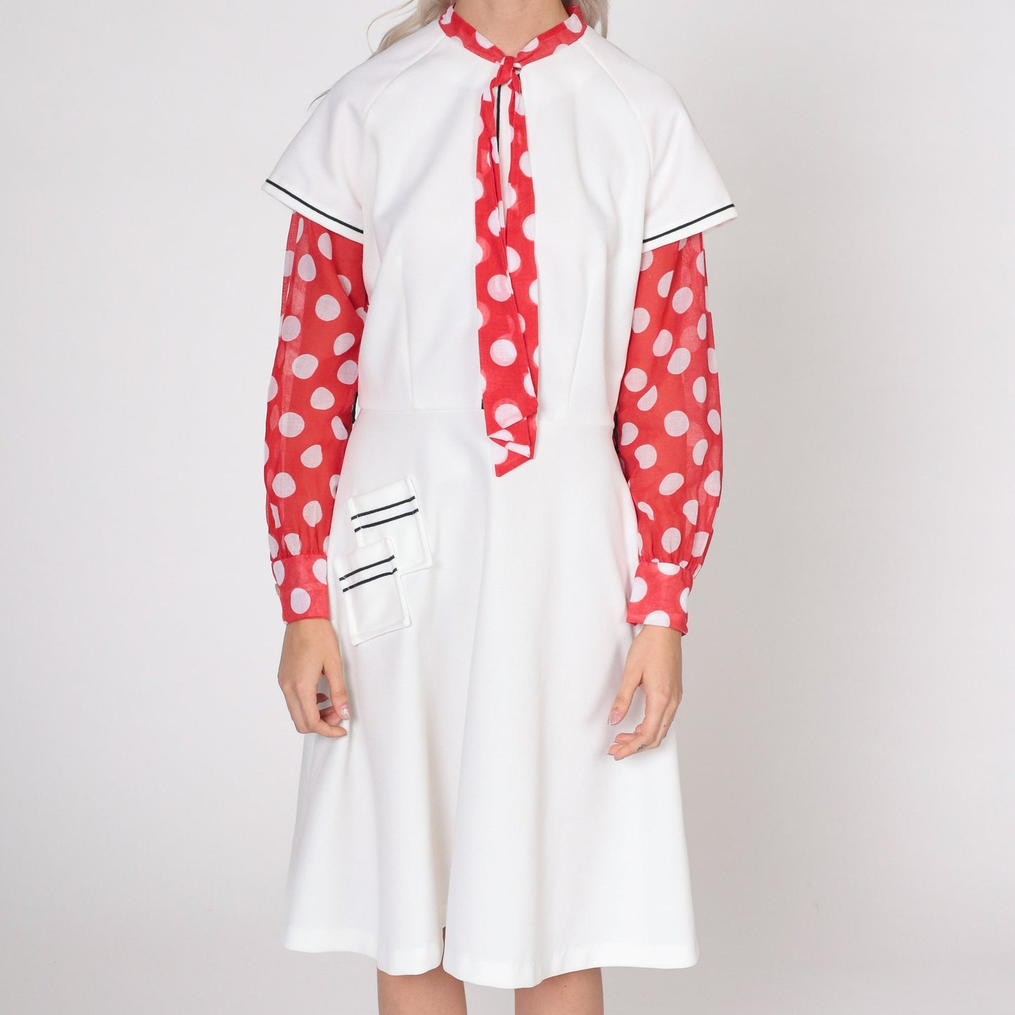 70s Mod Ascot Dress White Polka Dot High Waist Midi Long Sleeve Small