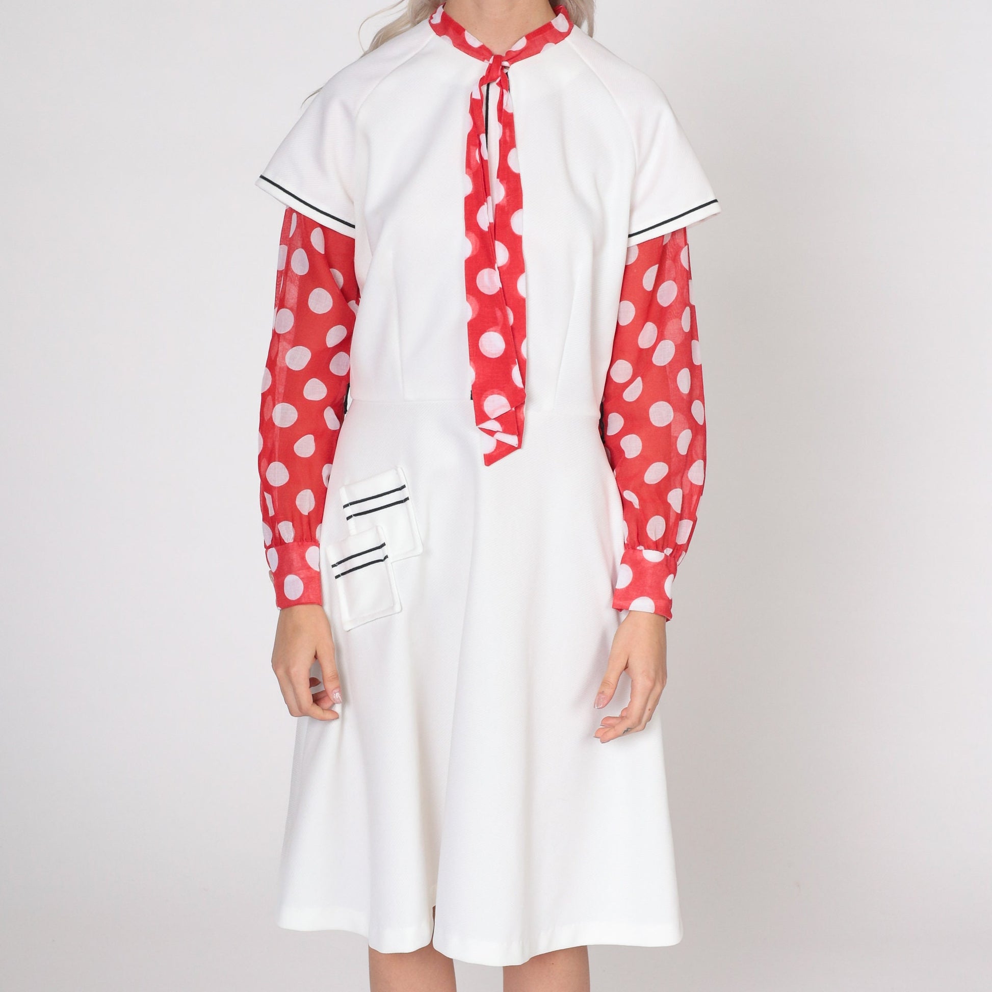 70s Mod Ascot Dress White Polka Dot High Waist Midi Long Sleeve Small