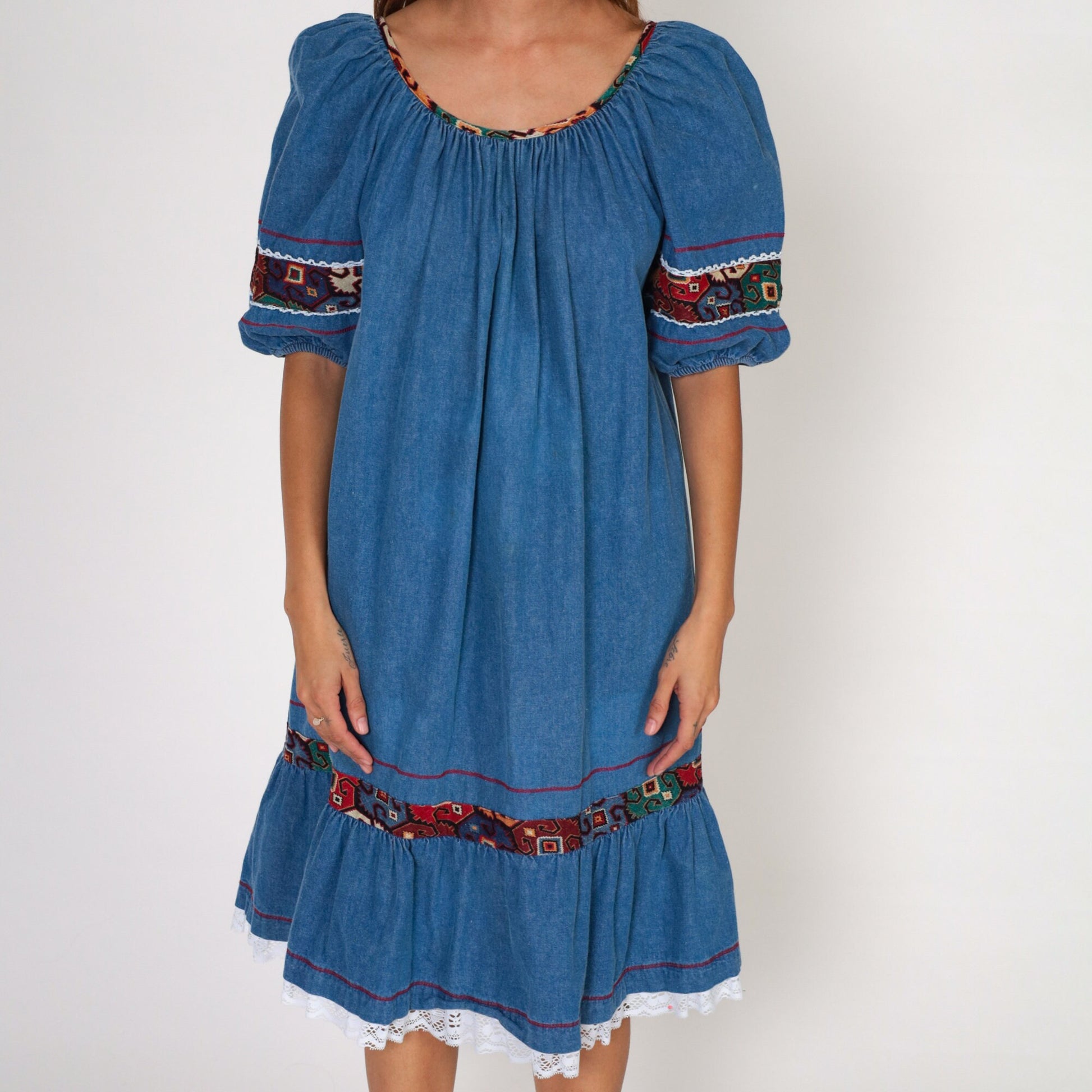 80s Appel Denim Midi Dress Puff Sleeve Southwestern Lace Trim Blue Medium
