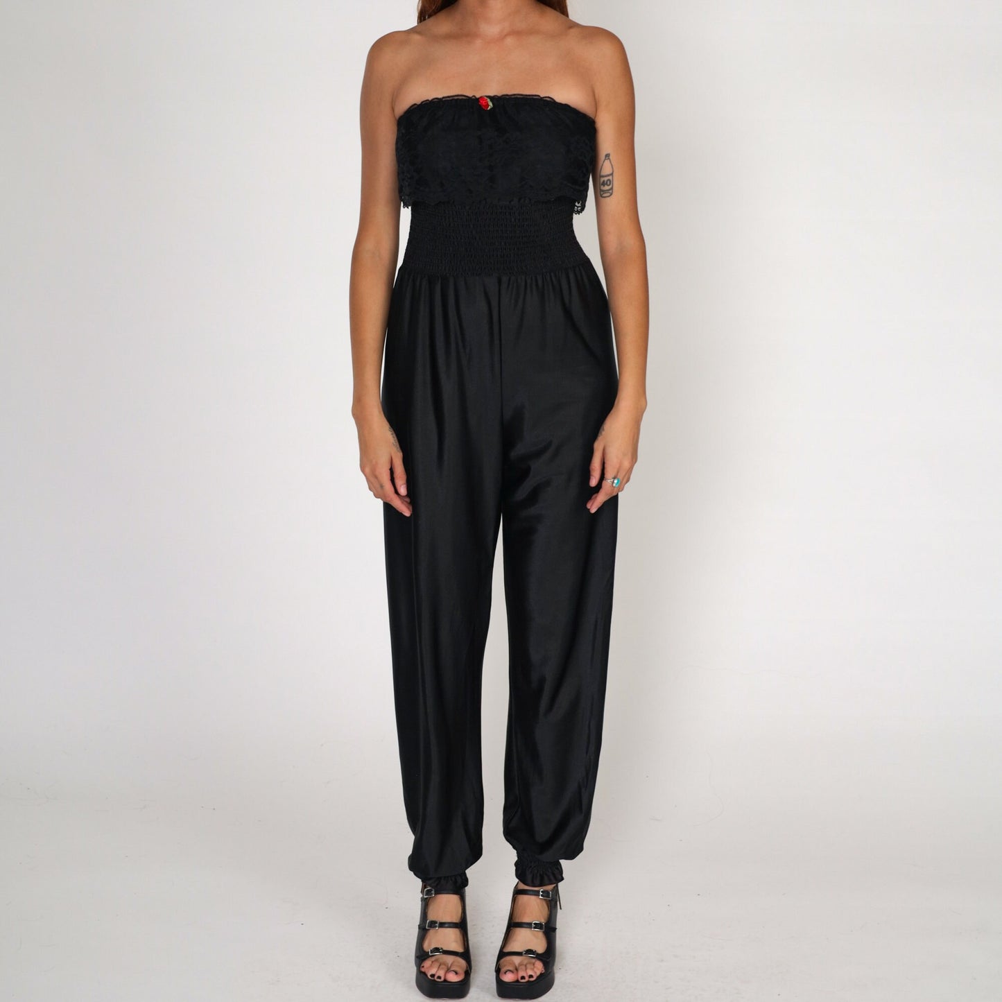 80s Black Nylon Lingerie Jumpsuit Strapless Smocked Lace High Waist Extra Small