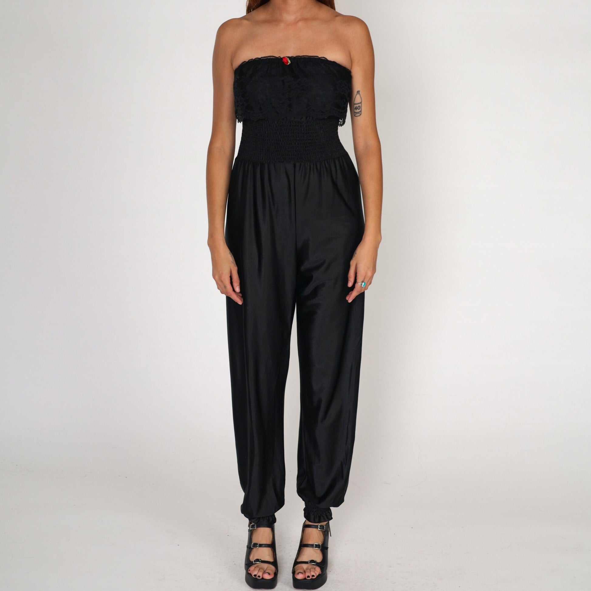 80s Black Nylon Lingerie Jumpsuit Strapless Smocked Lace High Waist Extra Small