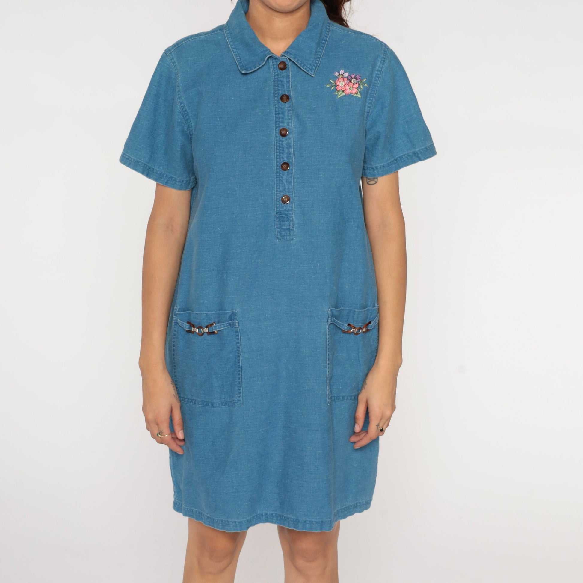 90s Blue Chambray Mini Dress Floral Embroidered Button Up Short Sleeve Medium
