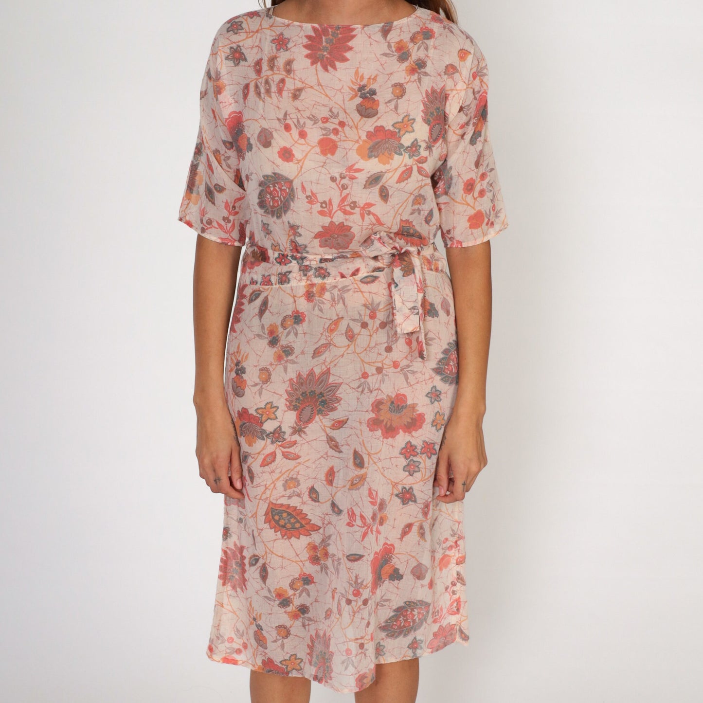 70s Pink Floral Midi Dress High Waisted Cotton Keyhole Back Small