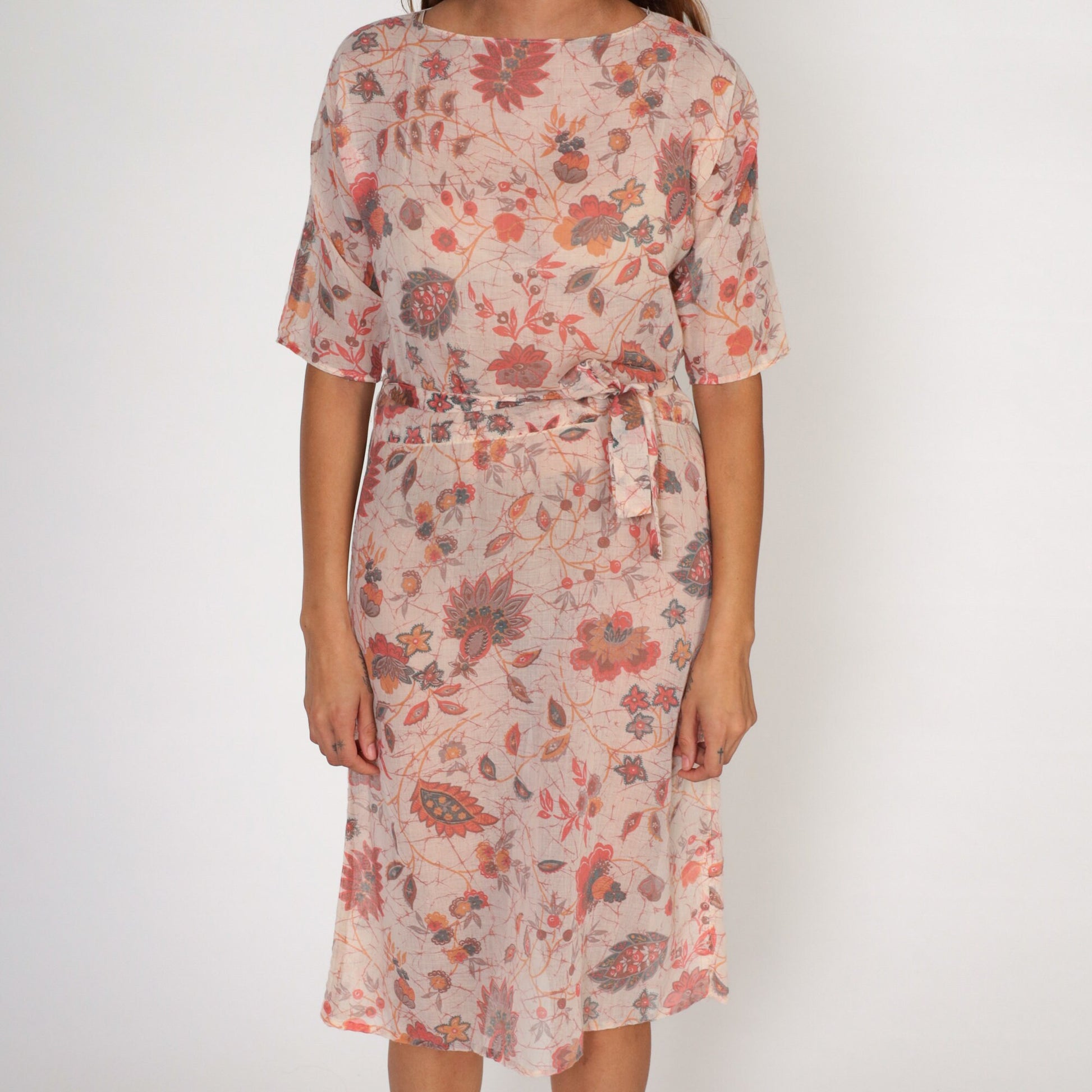 70s Pink Floral Midi Dress High Waisted Cotton Keyhole Back Small
