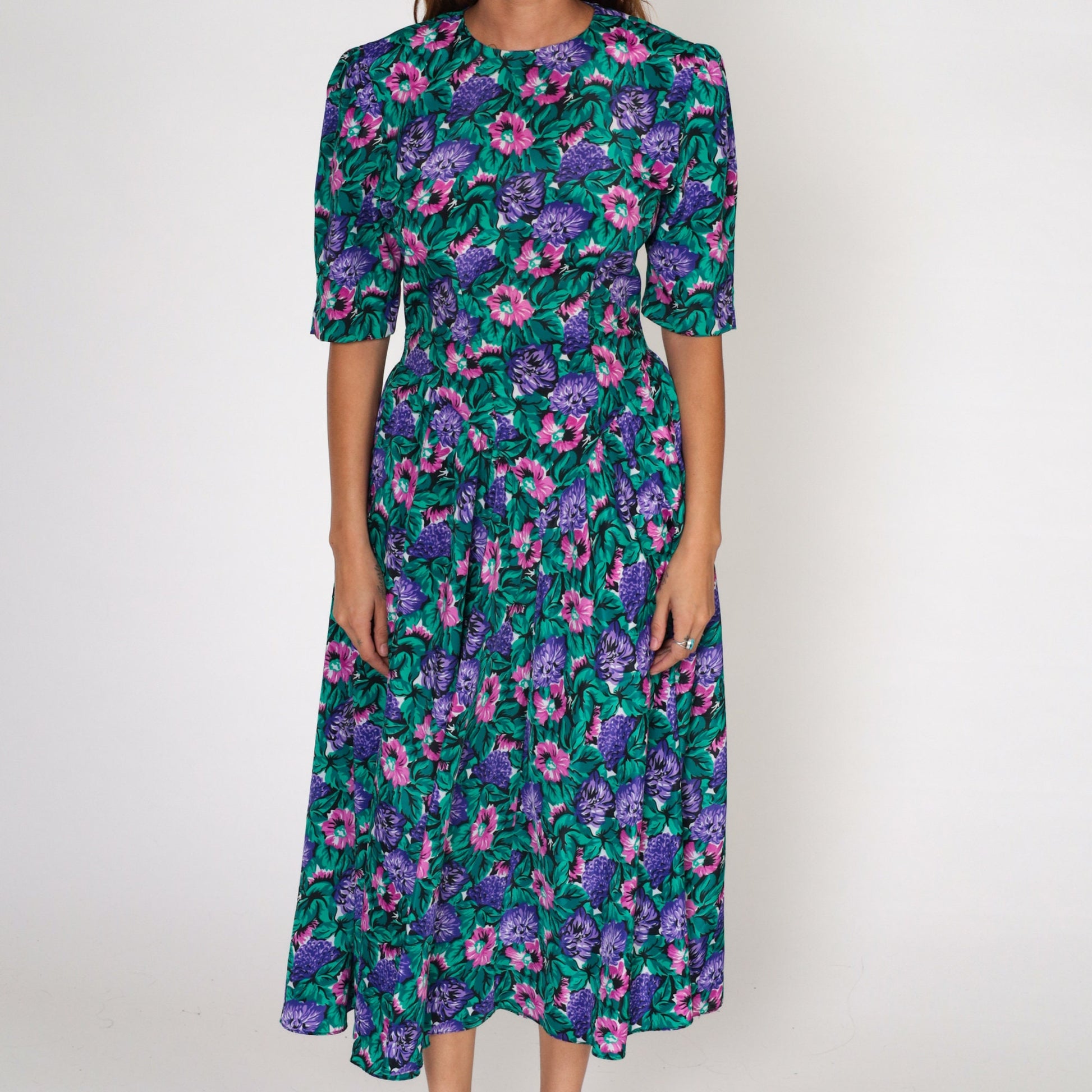 80s Floral Midi Dress Puff Sleeve Basque Waist Pink Purple Green Small