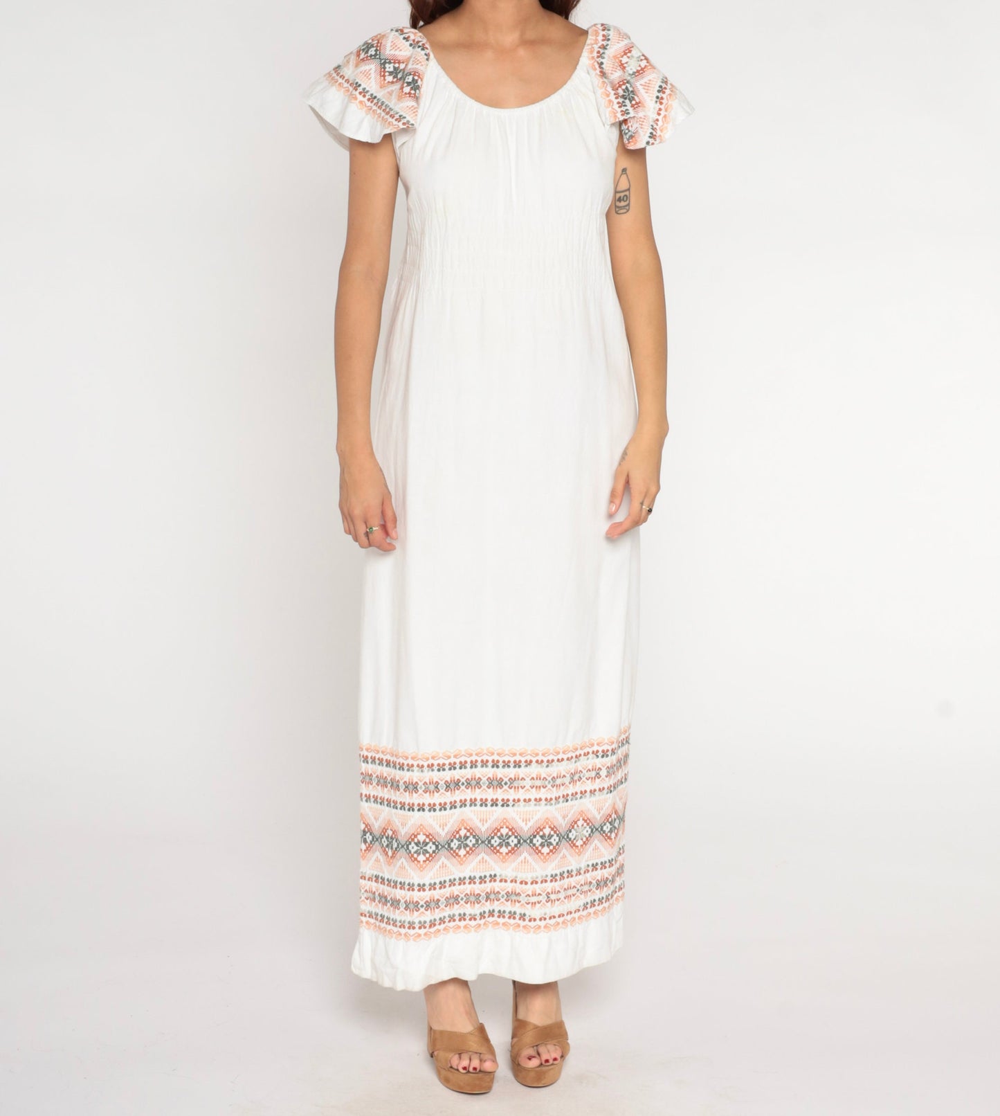 90s White Cotton Maxi Dress Aztec Embroidery Off-Shoulder Flutter Sleeve Medium