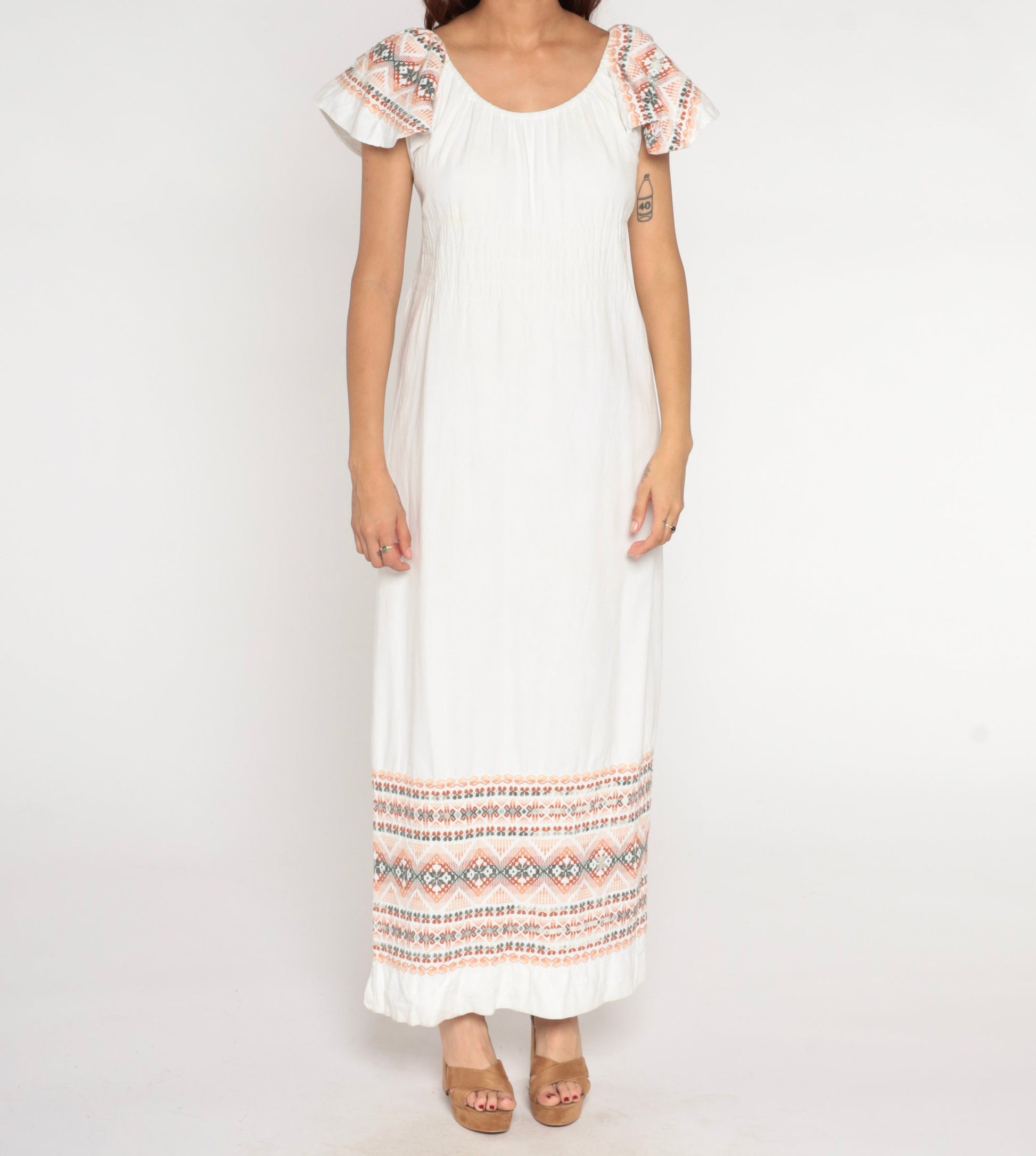 90s White Cotton Maxi Dress Aztec Embroidery Off-Shoulder Flutter Sleeve Medium