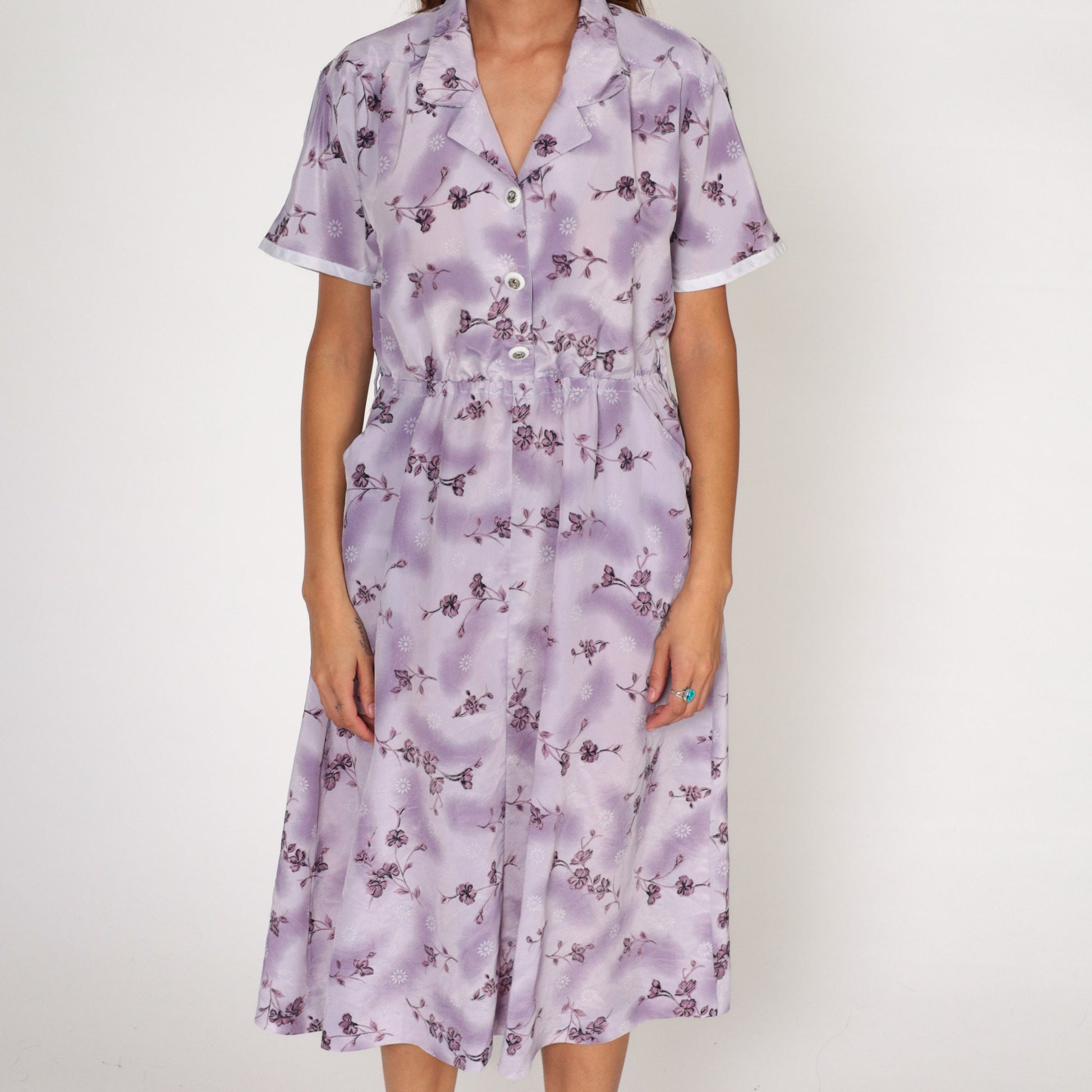 80s Purple Floral Midi Shirtdress High Waist Button Front Short Sleeve Medium Large