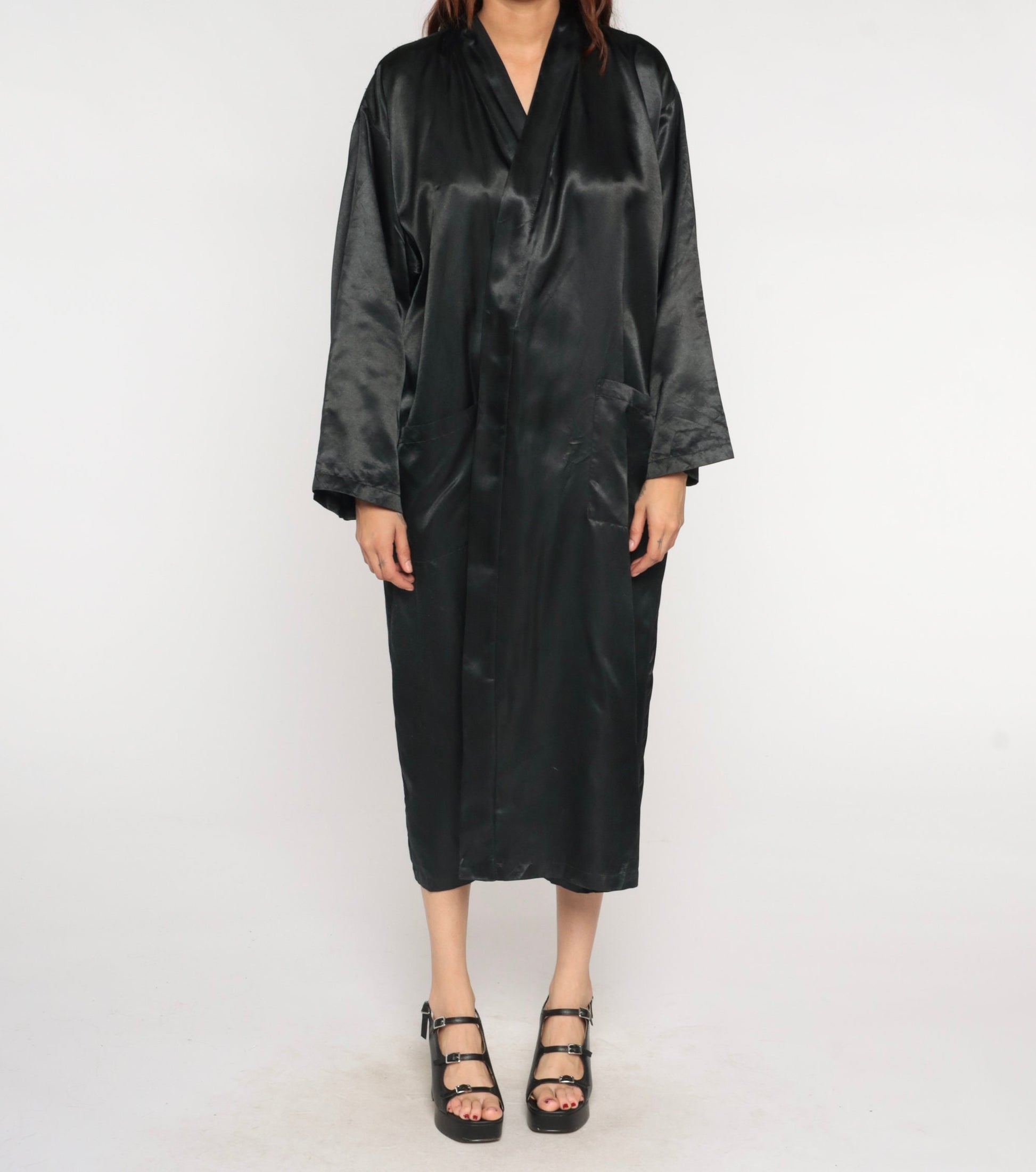 90s Black Satin Kimono Robe Floral Embroidered Open Front Maxi Medium