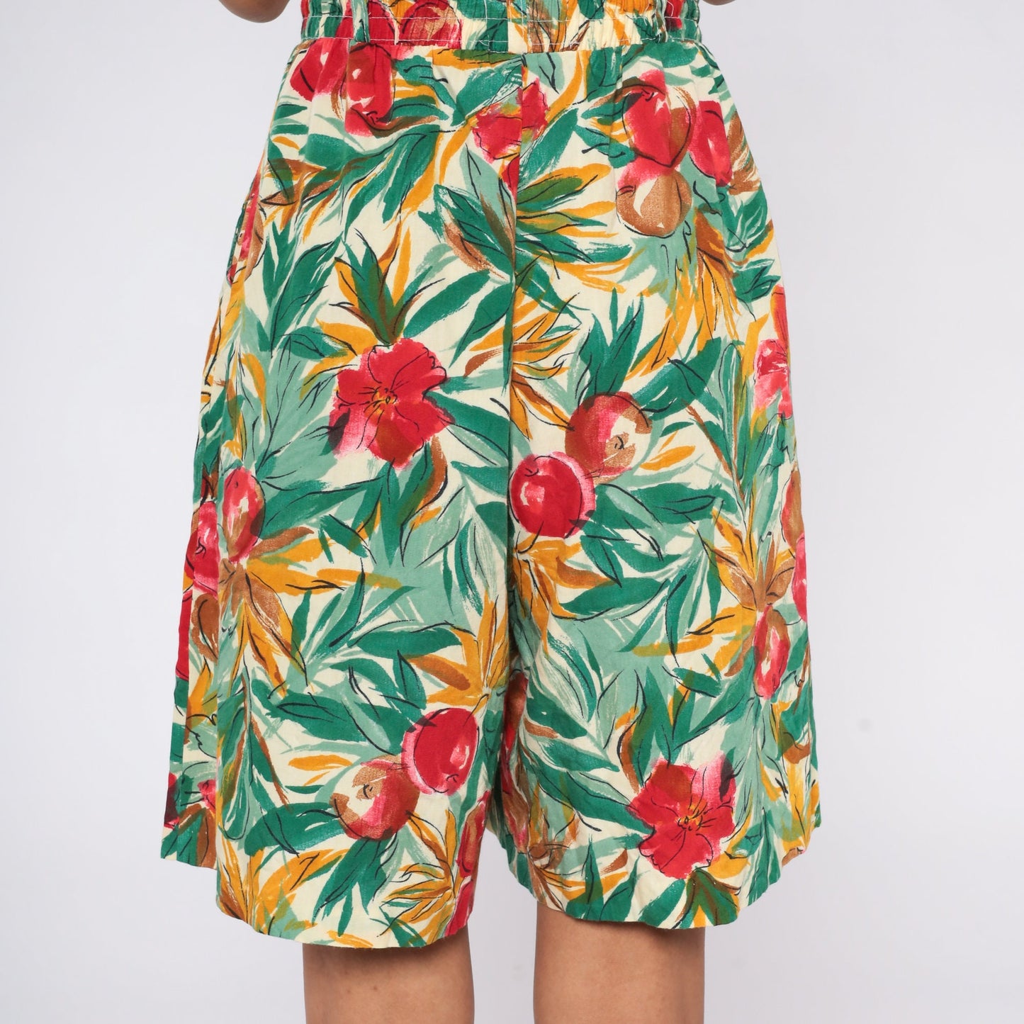 90s Fruit Floral Print Pleated Shorts High Waist Wide Leg Small S
