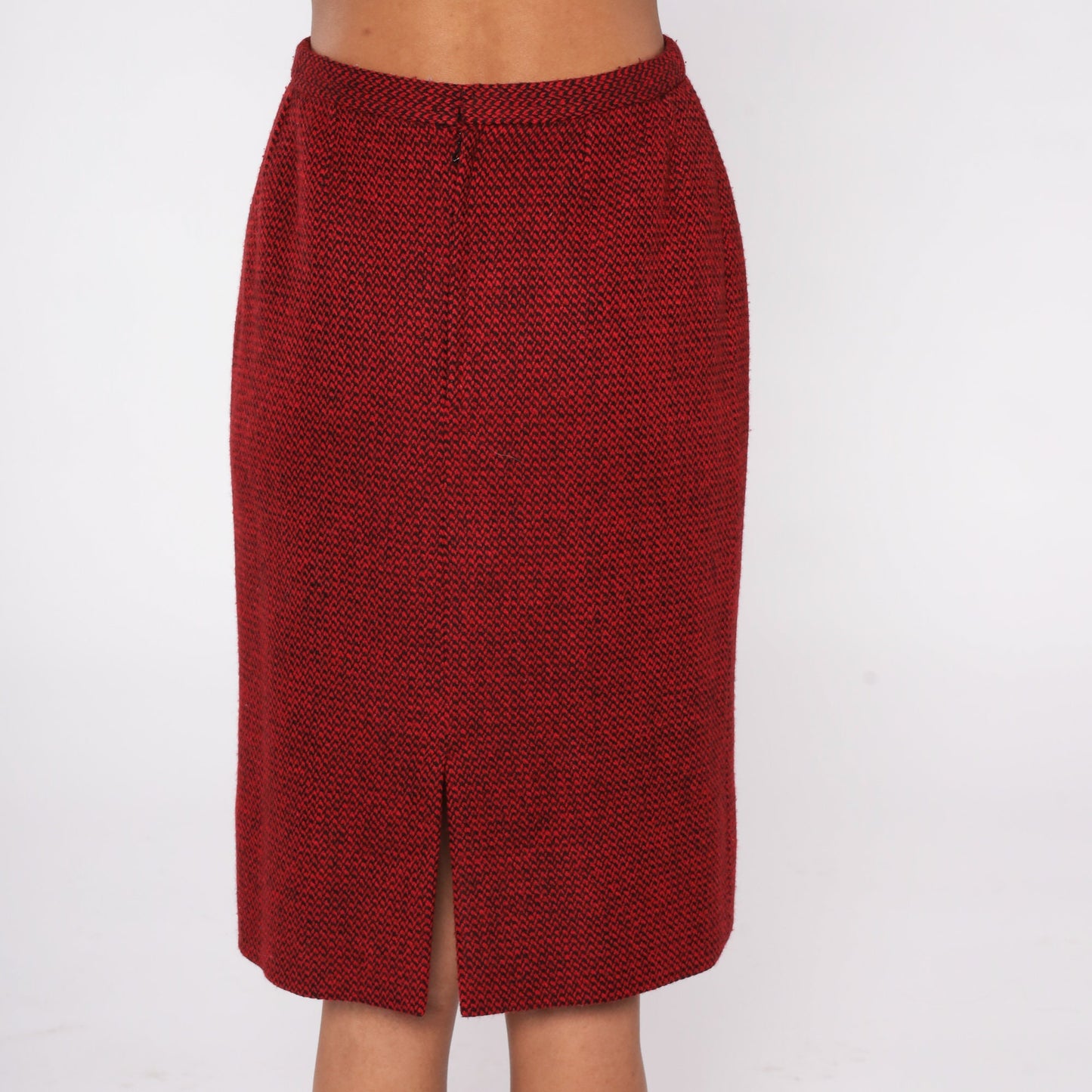 80s Guy LaRoche Wool Cashmere Mini Pencil Skirt Red Black High Waist Small