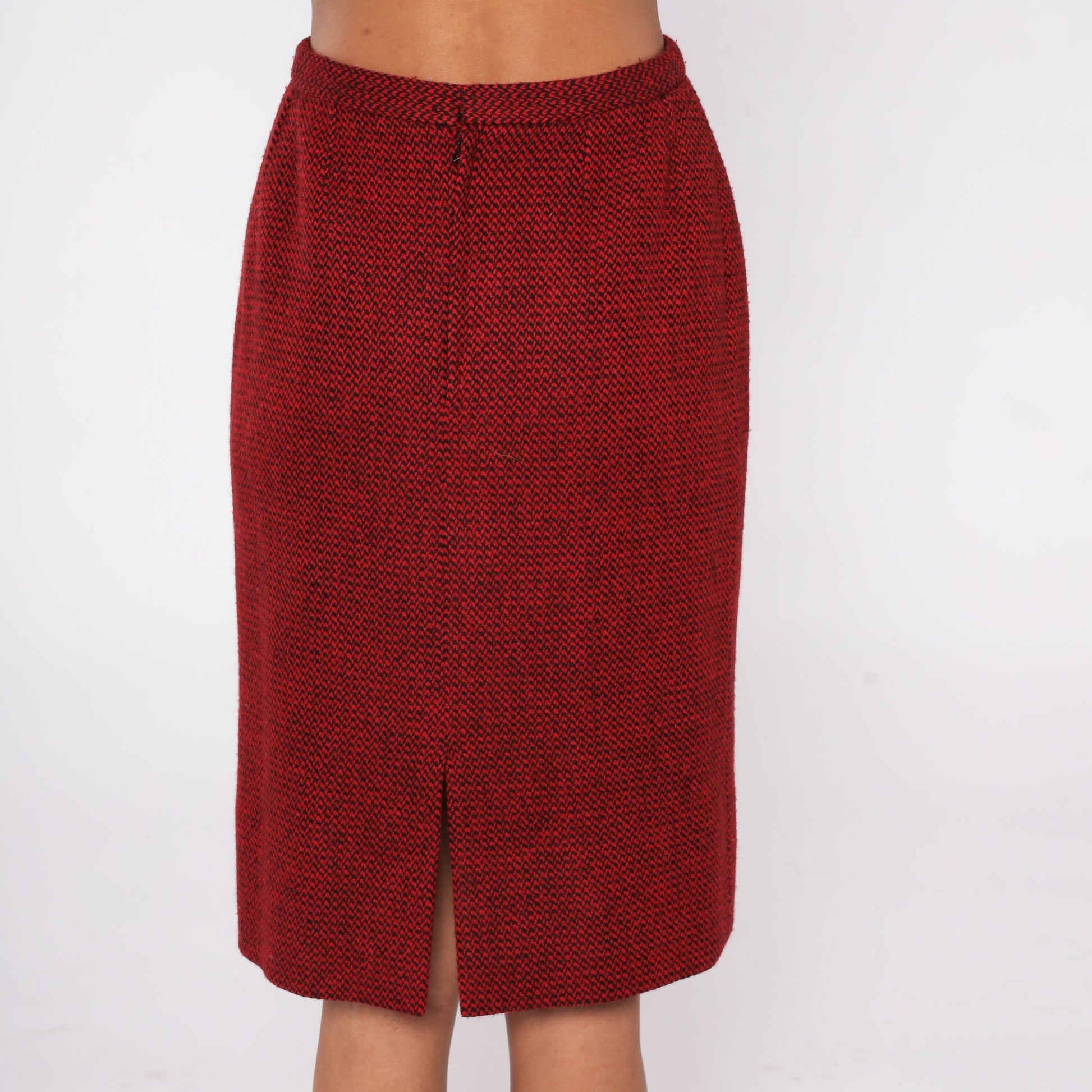 80s Guy LaRoche Wool Cashmere Mini Pencil Skirt Red Black High Waist Small
