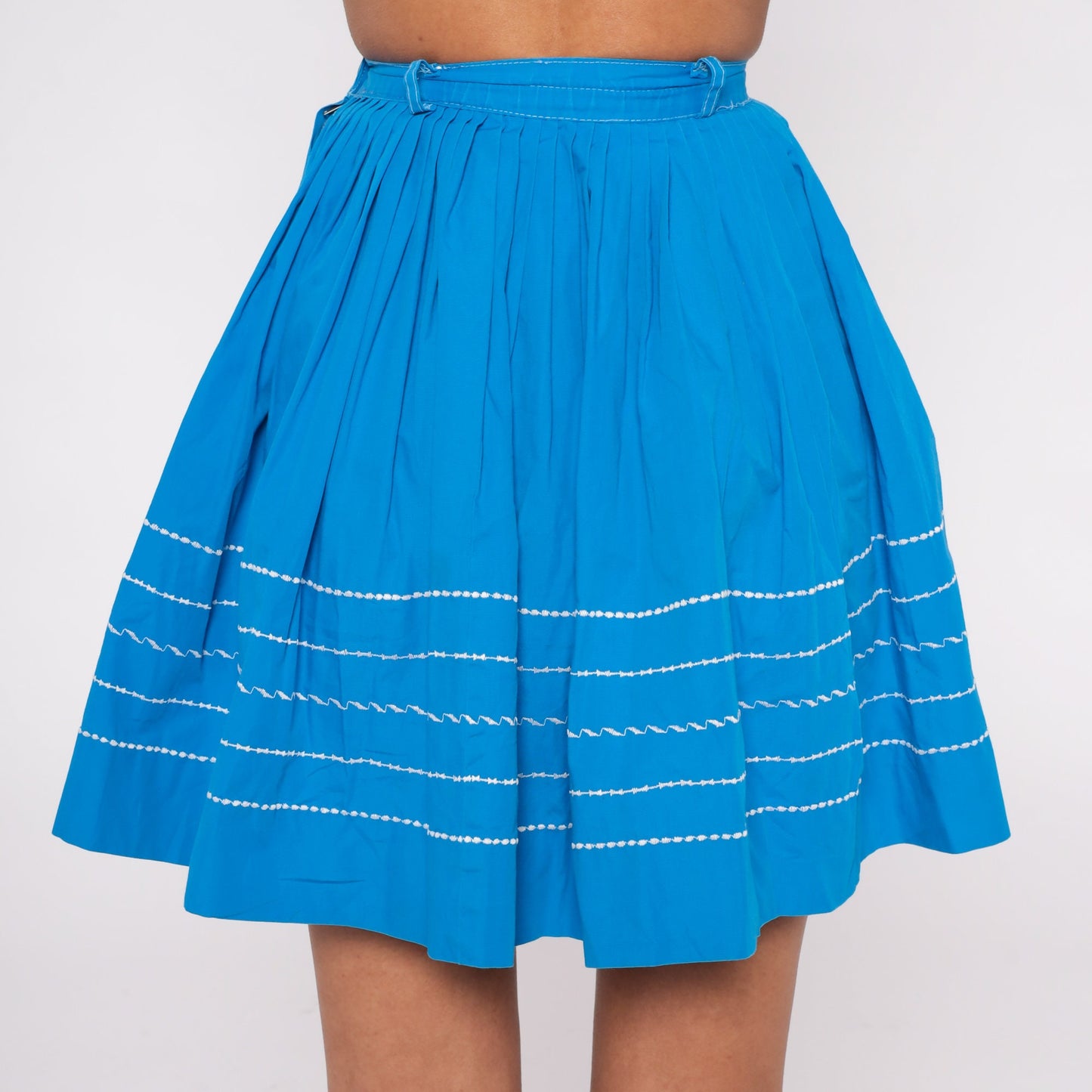 60s Blue Striped Pleated Mini Skirt High Waist Cotton 2XS