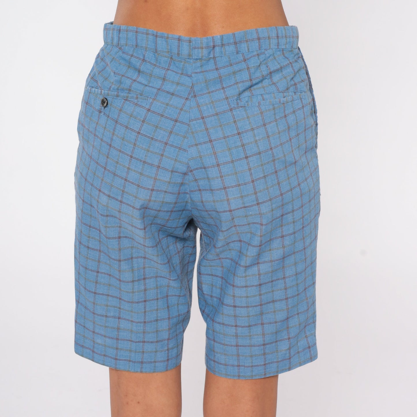 70s Blue Checkered Bermuda Shorts Knee Length Mid Rise Small