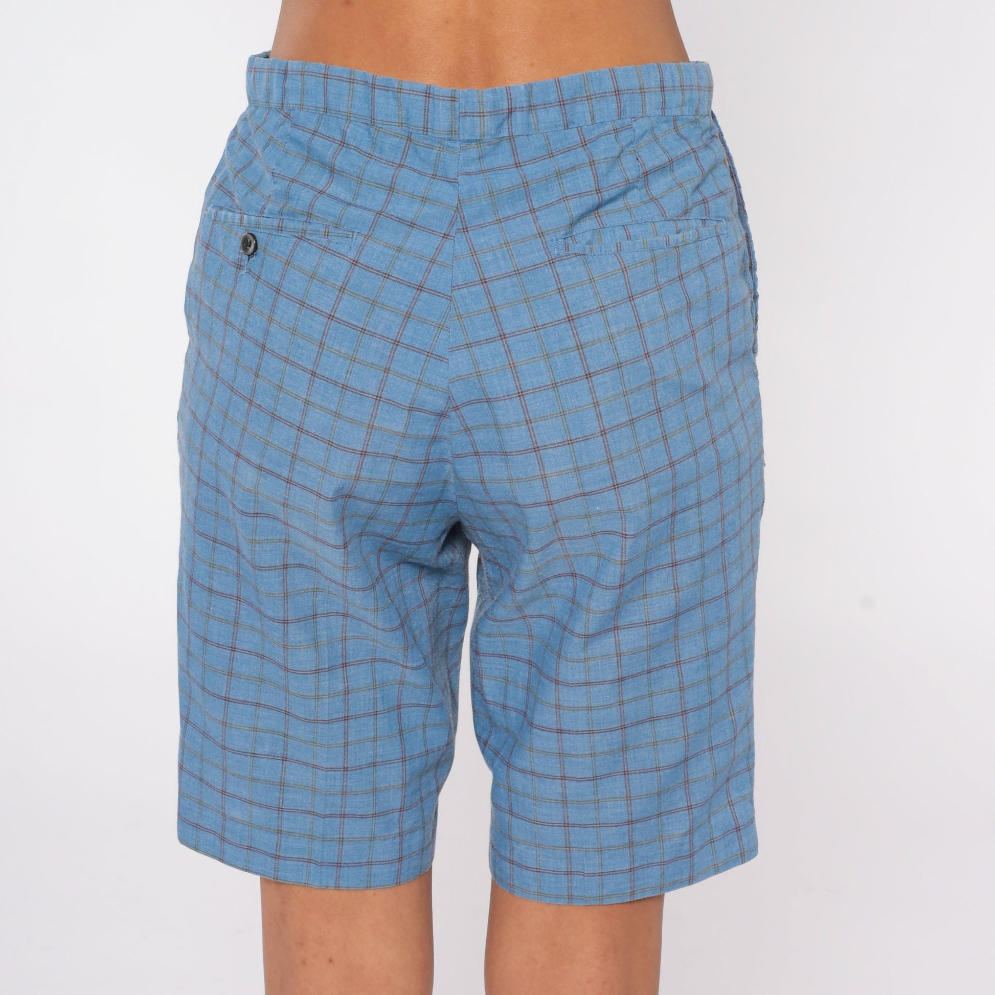 70s Blue Checkered Bermuda Shorts Knee Length Mid Rise Small