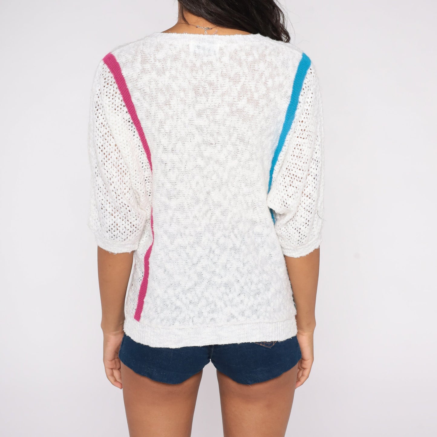 80s White Striped Knit Sweater Top Pink Blue V-Neck Short Sleeve Medium Large