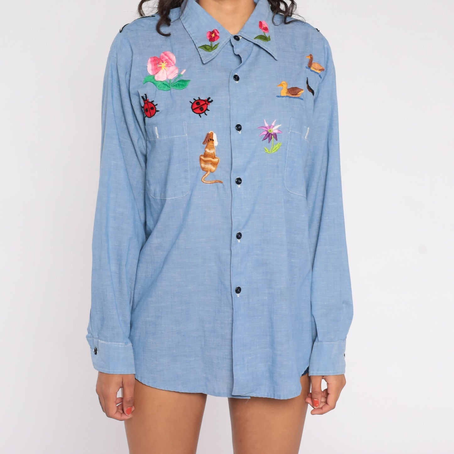 70s Blue Chambray Embroidered Button Up Blouse Floral Animal Motif Large