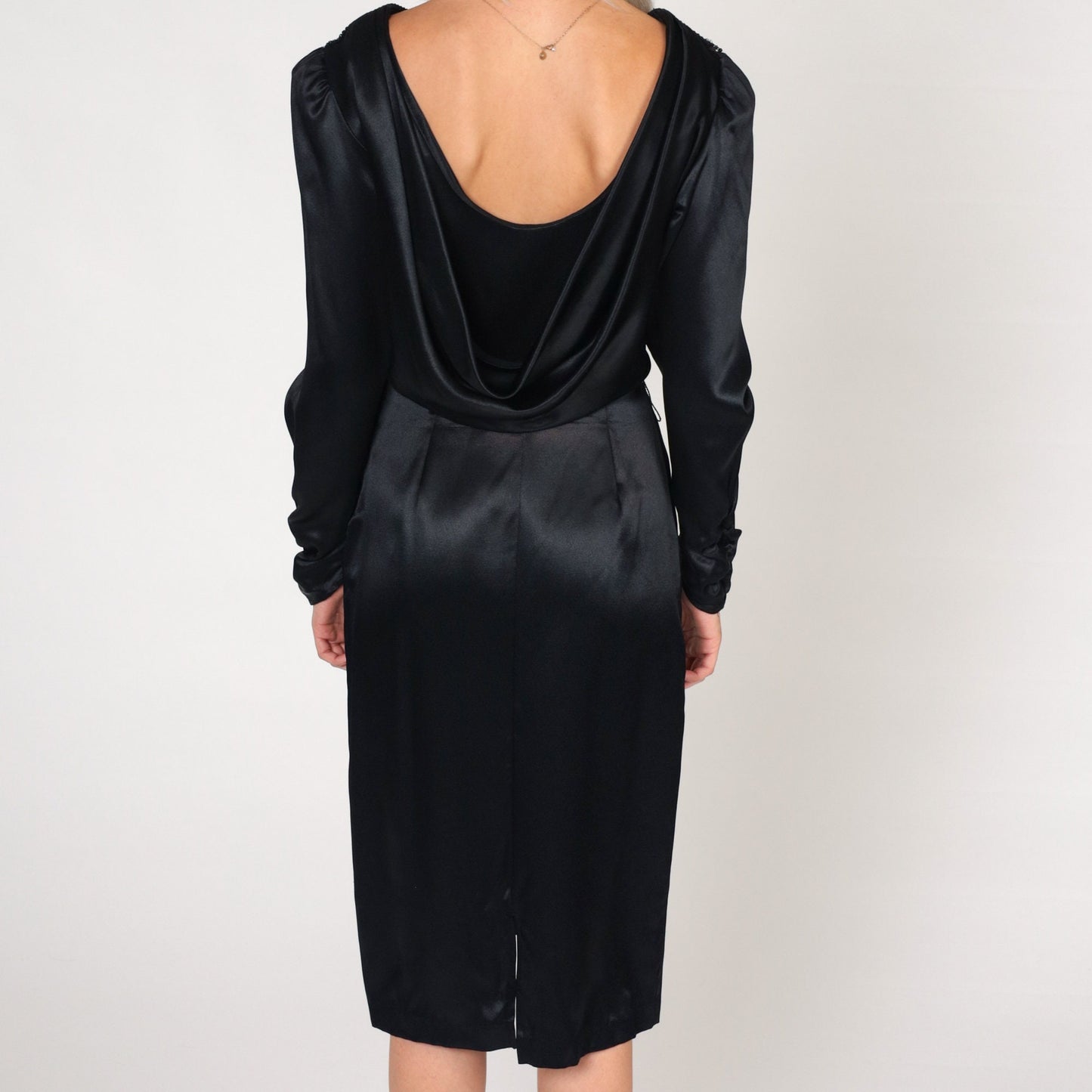 80s Black Satin Midi Dress Rhinestone Neckline Puff Sleeve High Waist Small