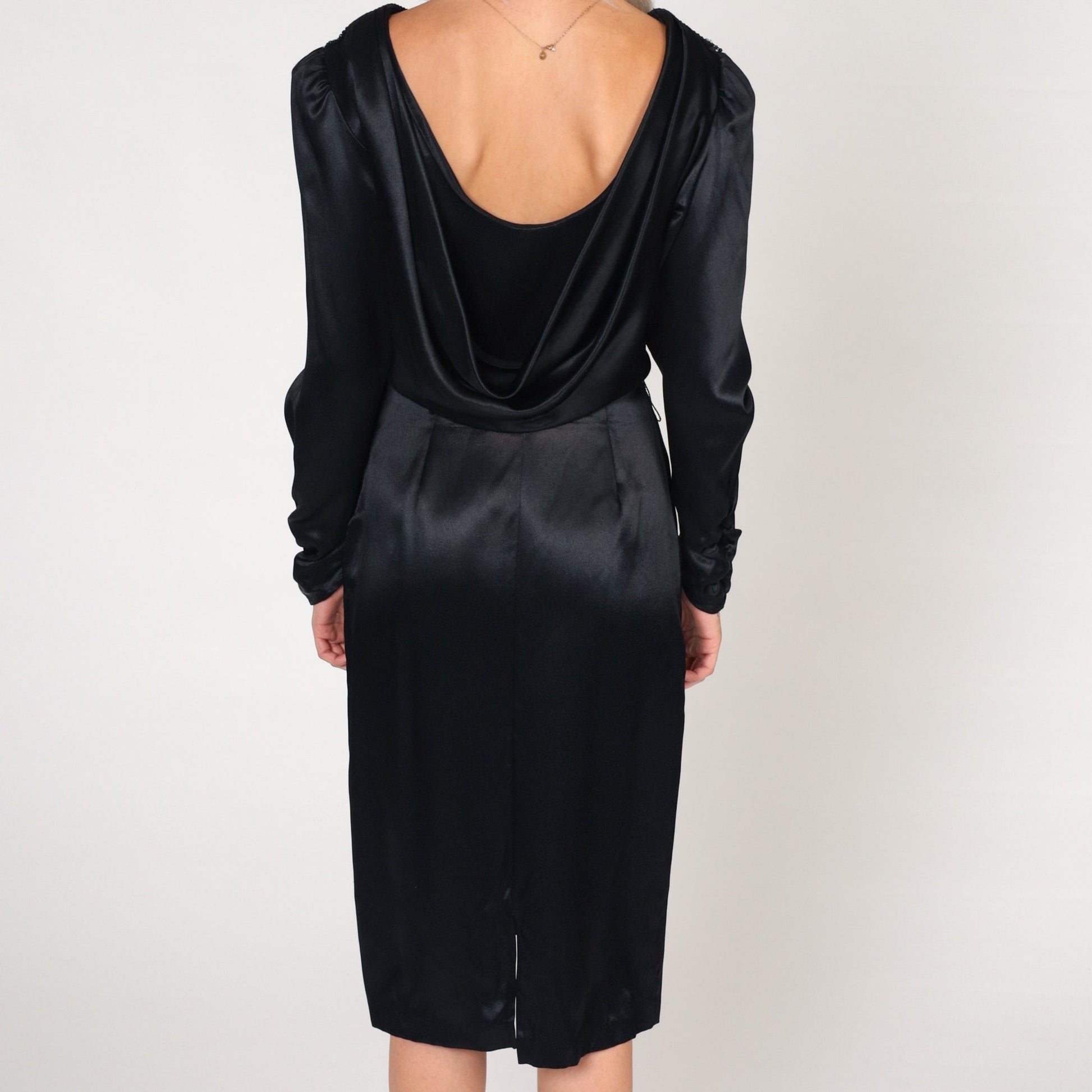 80s Black Satin Midi Dress Rhinestone Neckline Puff Sleeve High Waist Small