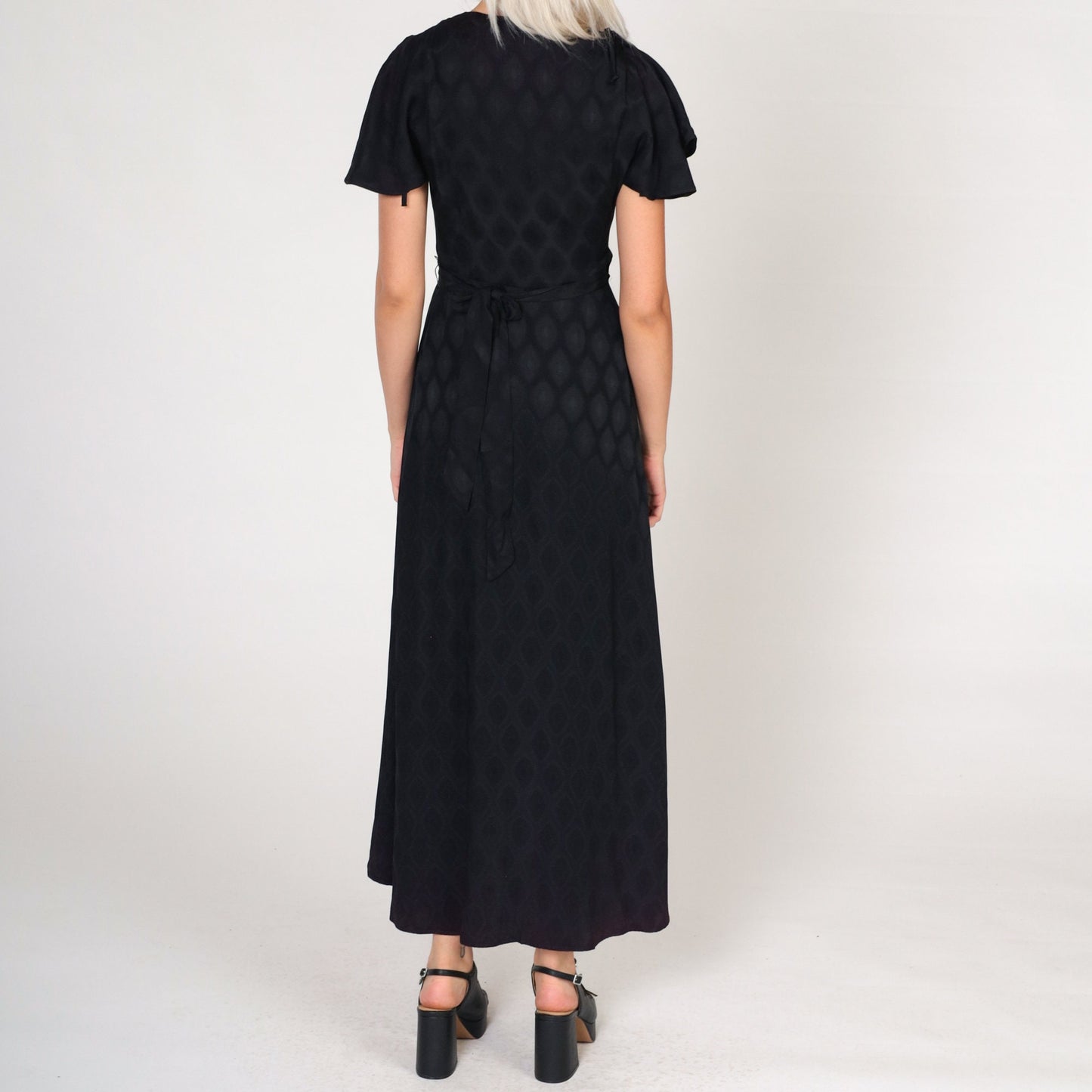 70s Black Grecian Maxi Dress Flutter Sleeve Wrap Deep V Embossed Geometric Extra Small