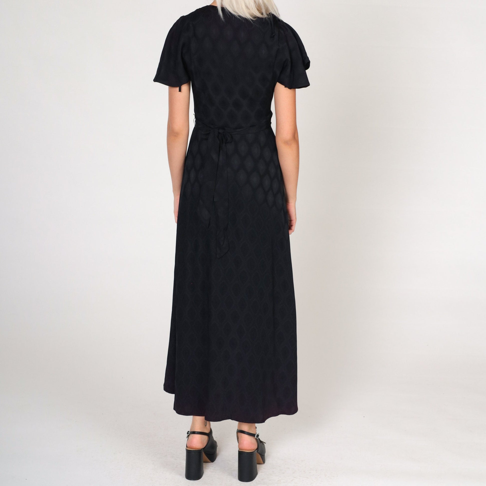 70s Black Grecian Maxi Dress Flutter Sleeve Wrap Deep V Embossed Geometric Extra Small