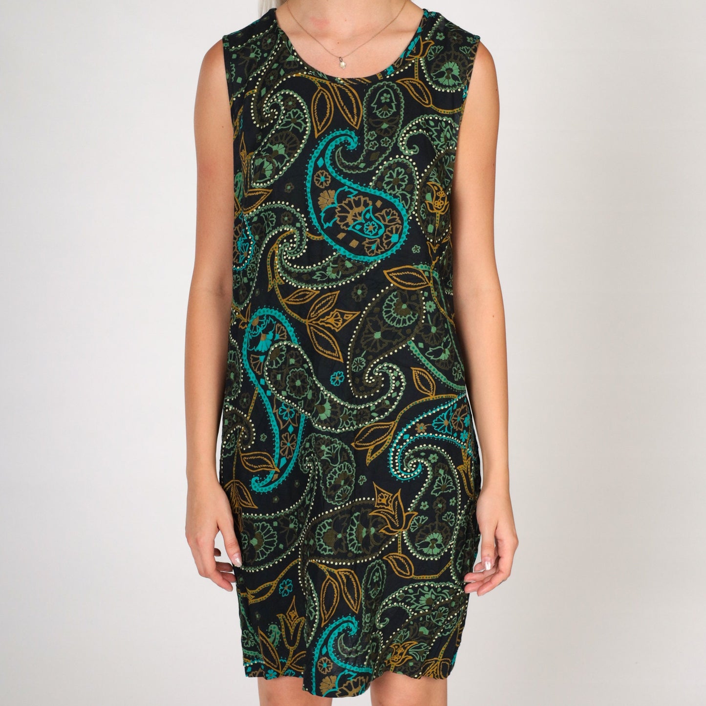 90s Paisley Mini Shift Dress Sleeveless Black Green Medium