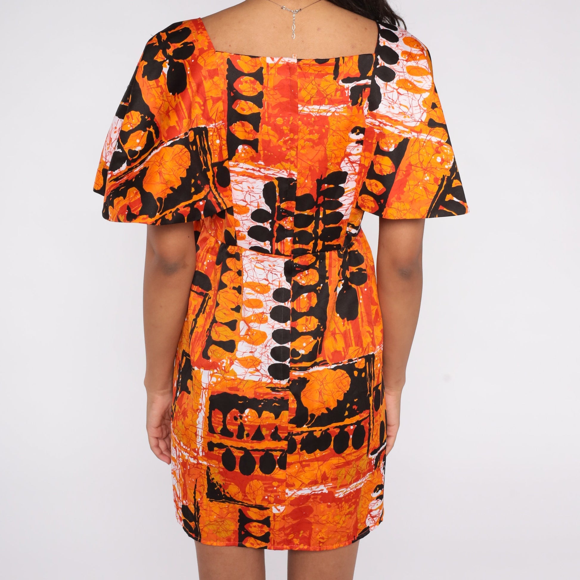 70s Hilo Hattie Hawaiian Mini Dress Orange Tropical Empire Waist Small