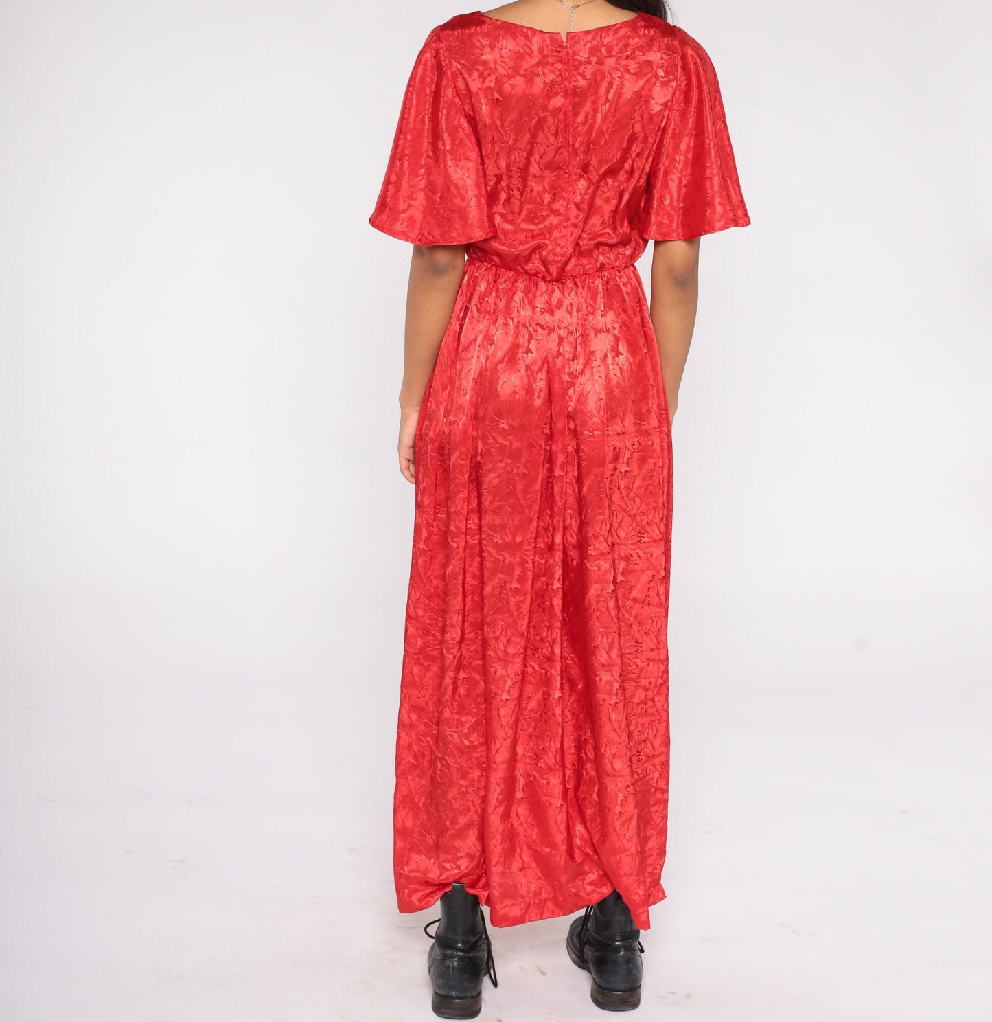 70s Red Maxi Dress Flutter Sleeve Embossed Tropical Floral High Waist Small