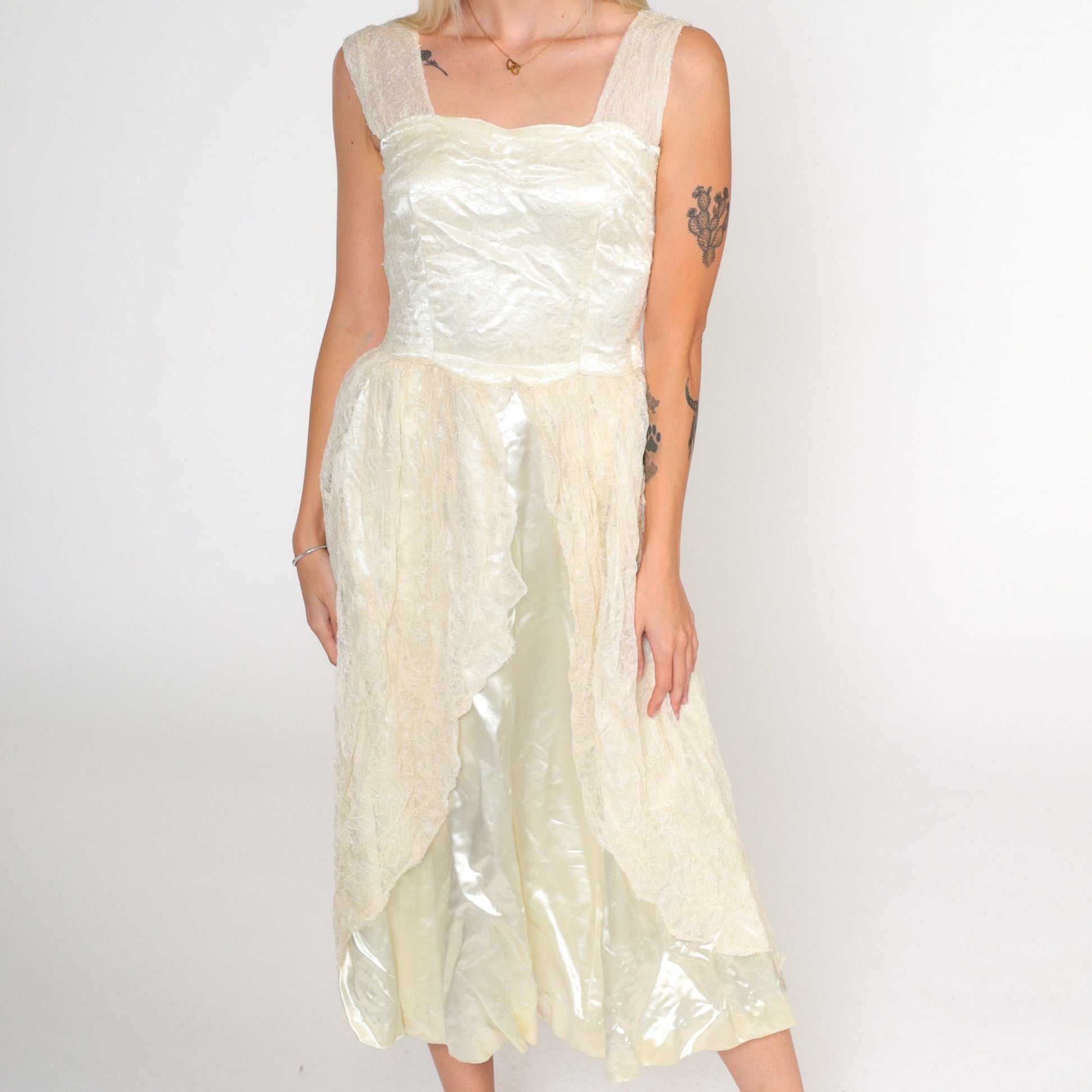 1960s Cream Lace Satin Midi Dress High Waist Sleeveless Extra Small