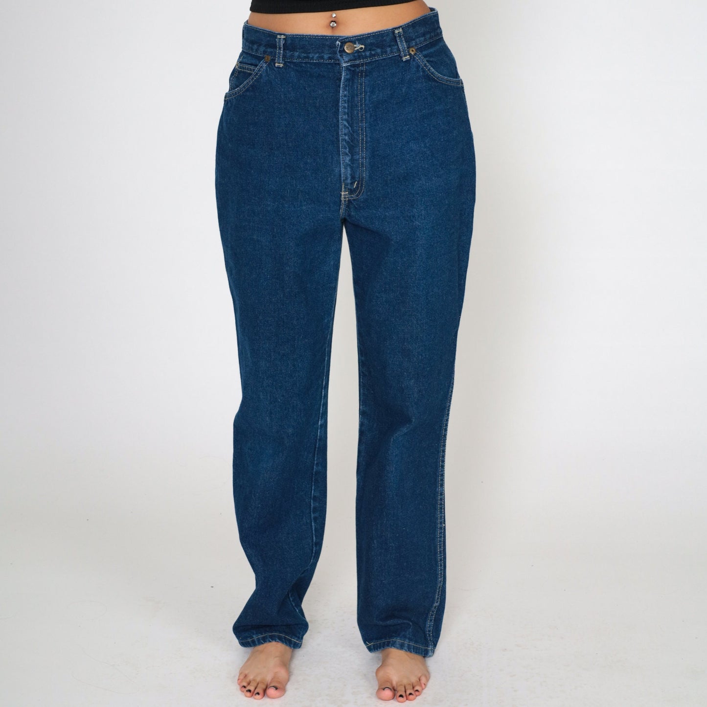 80s Dark Wash High Waisted Jeans Straight Leg Tapered Cotton Denim Medium