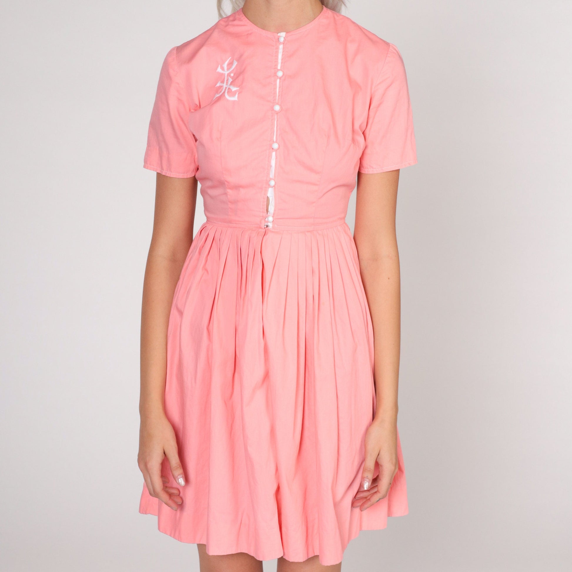 1960s Pink Mini Dress White Embroidery Button-Up High Waist XXS