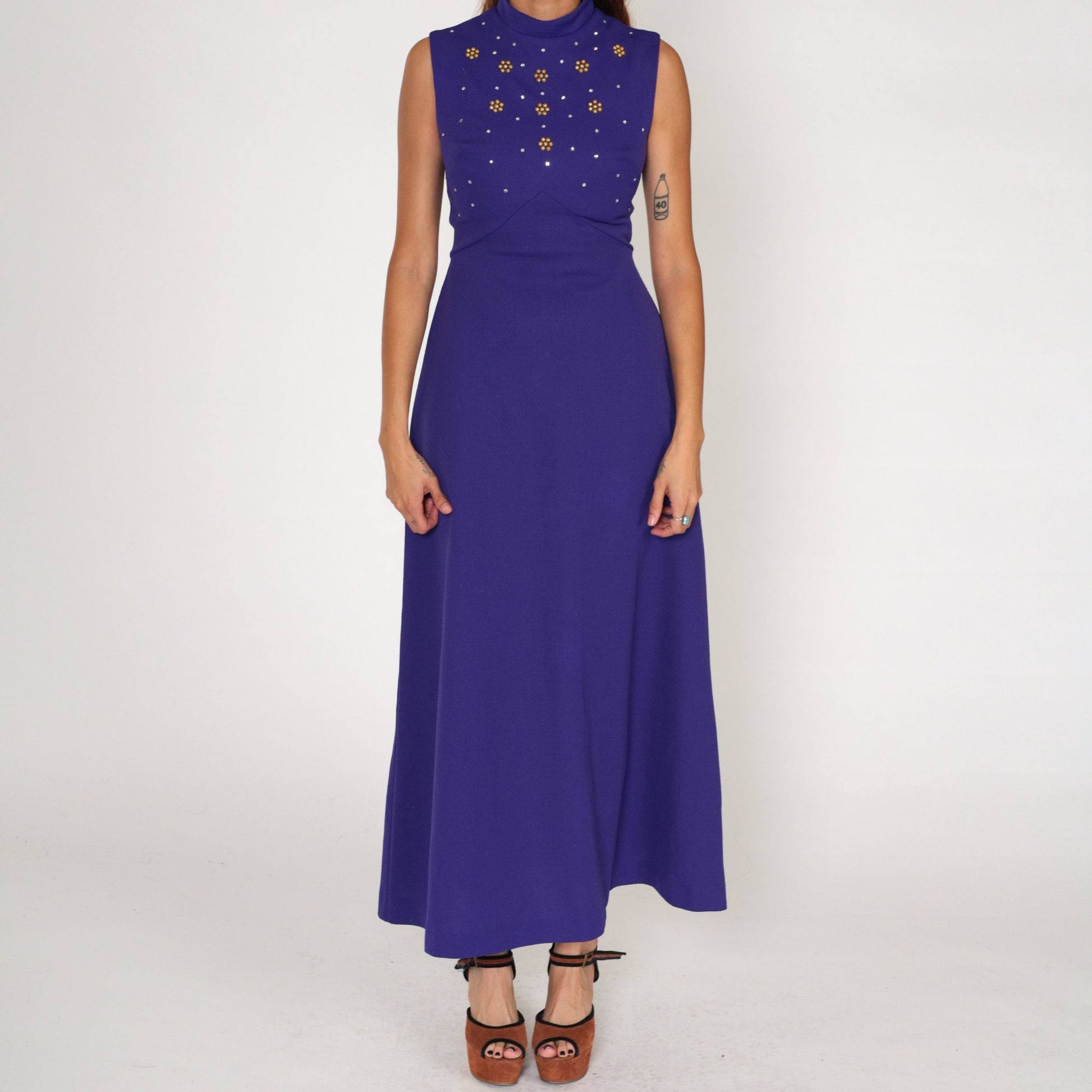 70s Purple Rhinestone Maxi Dress Empire Waist Mock Neck Sleeveless Small