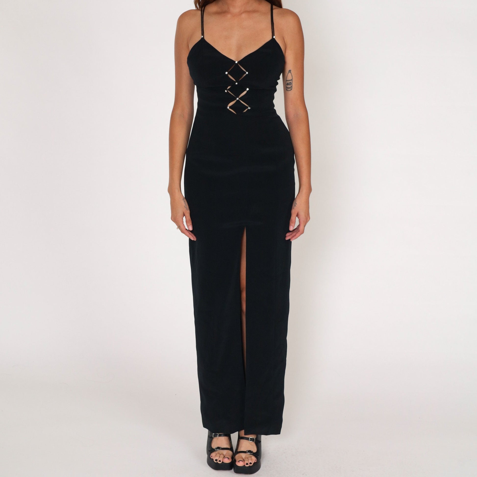 90s Black Maxi Dress Rhinestone Cutout High Slit Sleeveless Evening Gown Extra Small XS