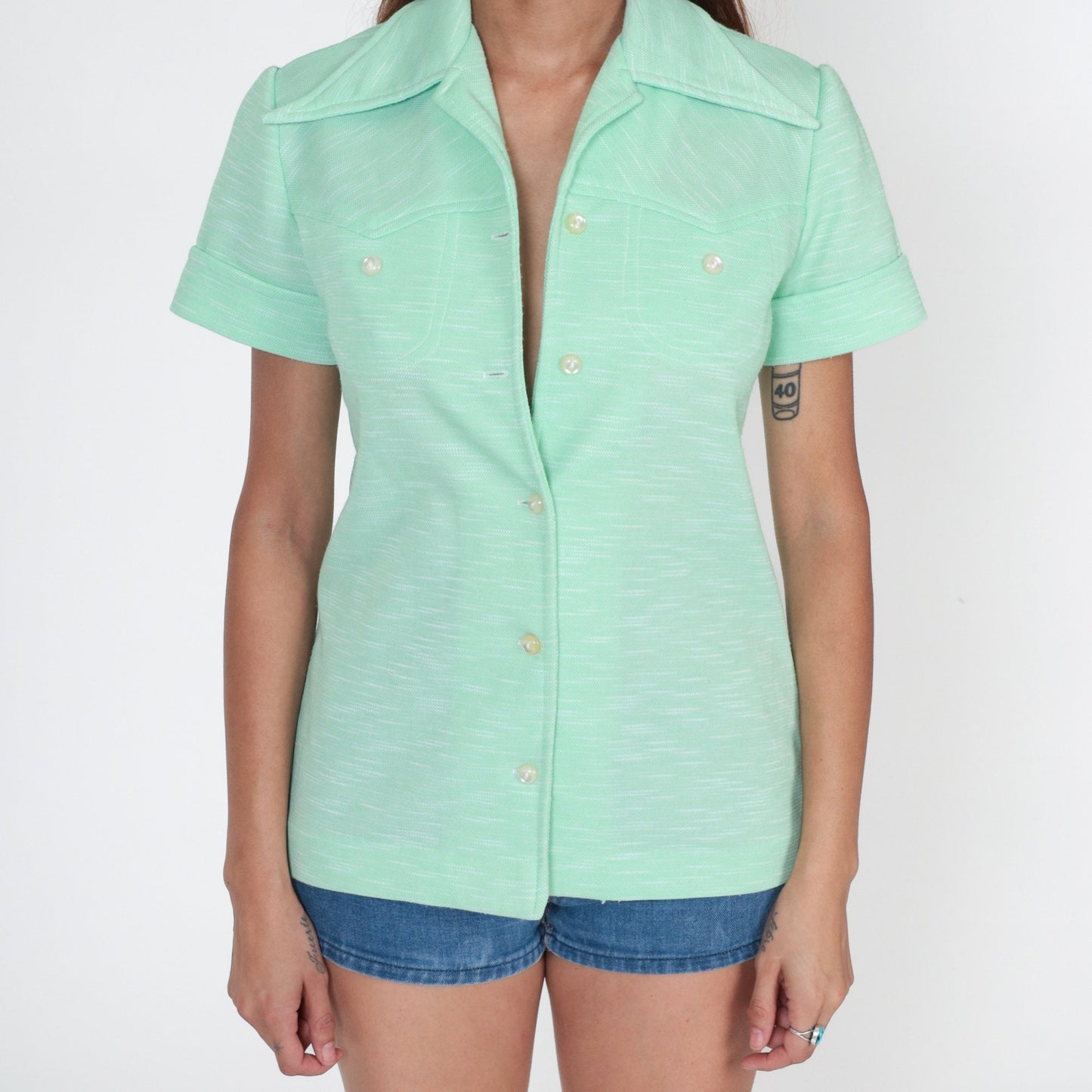 70s Mint Green Western Yoke Button-Up Shirt Dagger Collar Short Sleeve Small