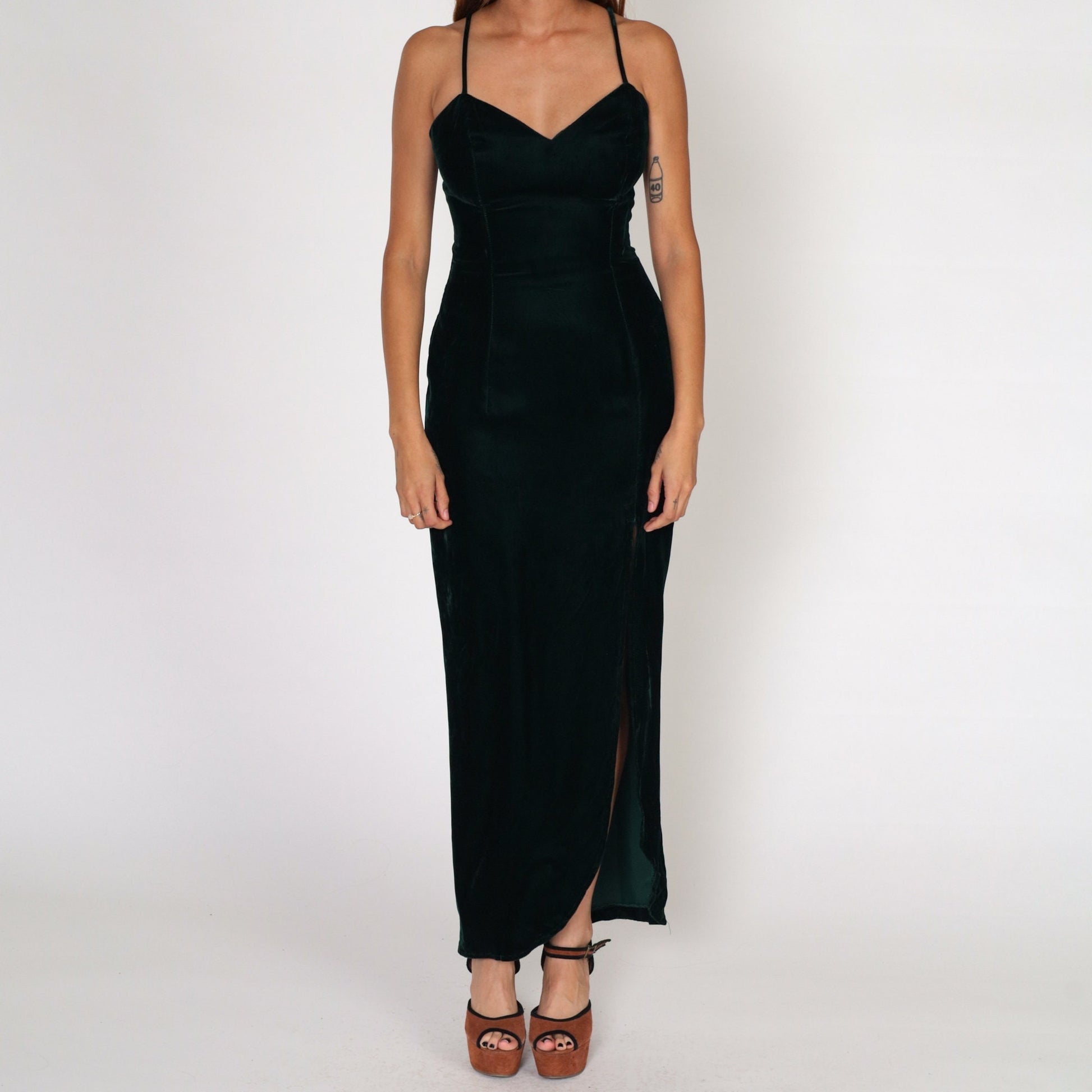 90s Dark Green Velvet Maxi Dress Sweetheart Neckline High Slit Sleeveless Small