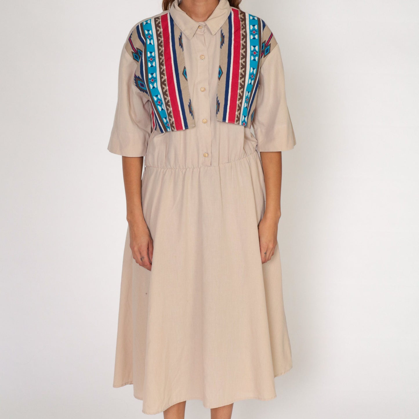 90s Southwestern Tan Midi Dress Button-Up High Waisted Pockets Large L