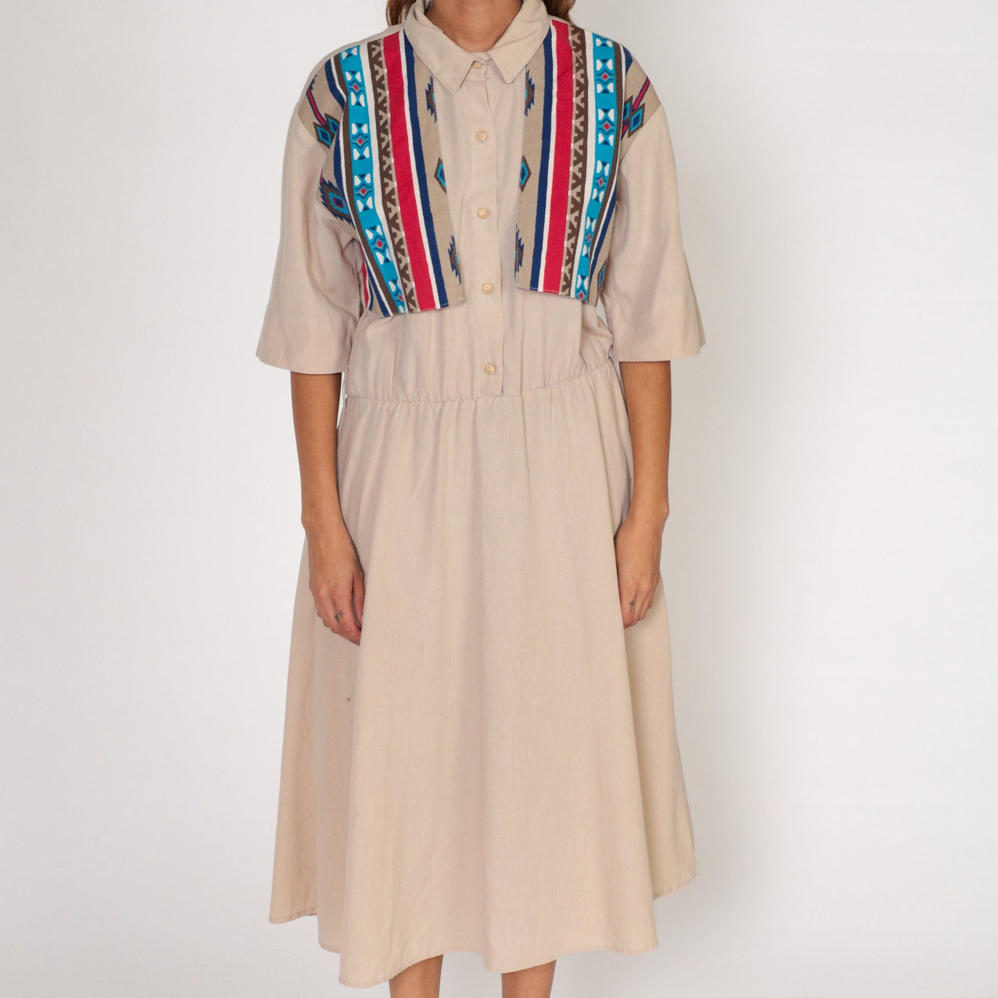 90s Southwestern Tan Midi Dress Button-Up High Waisted Pockets Large L