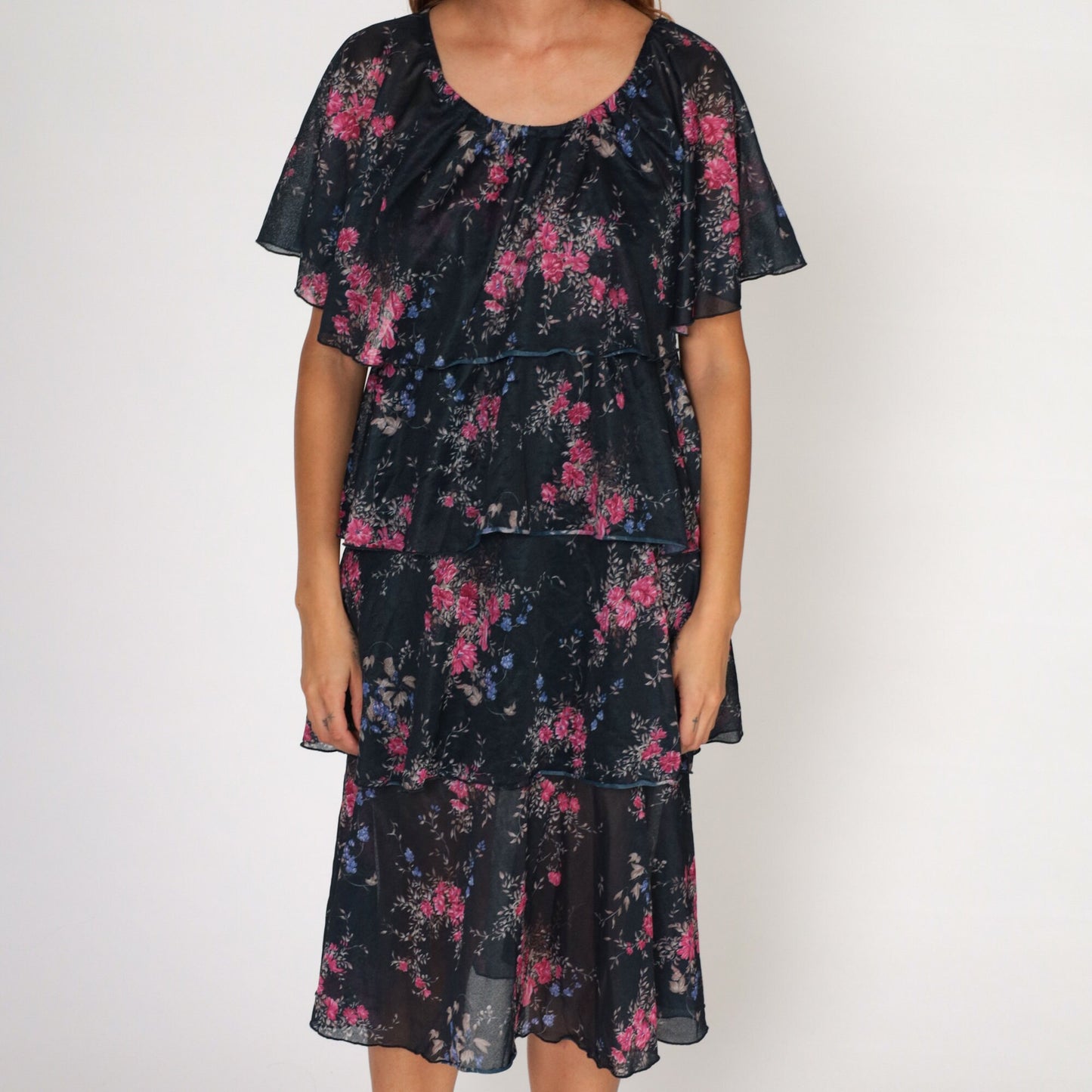 70s Black Floral Tiered Midi Dress Cape Flutter Sleeve Medium Large