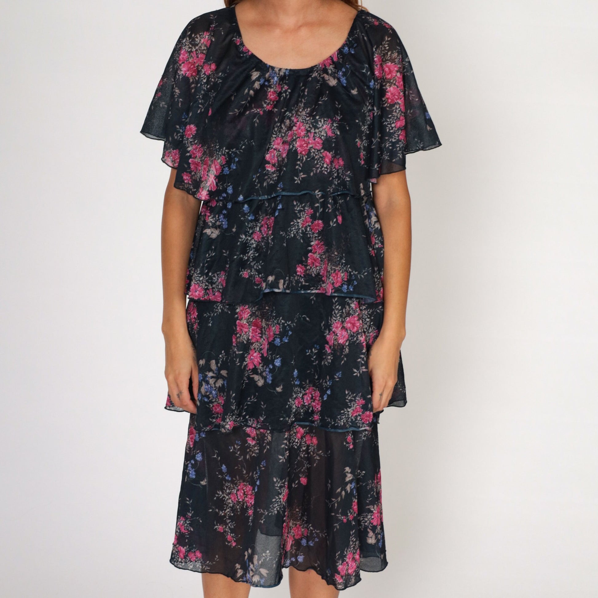 70s Black Floral Tiered Midi Dress Cape Flutter Sleeve Medium Large