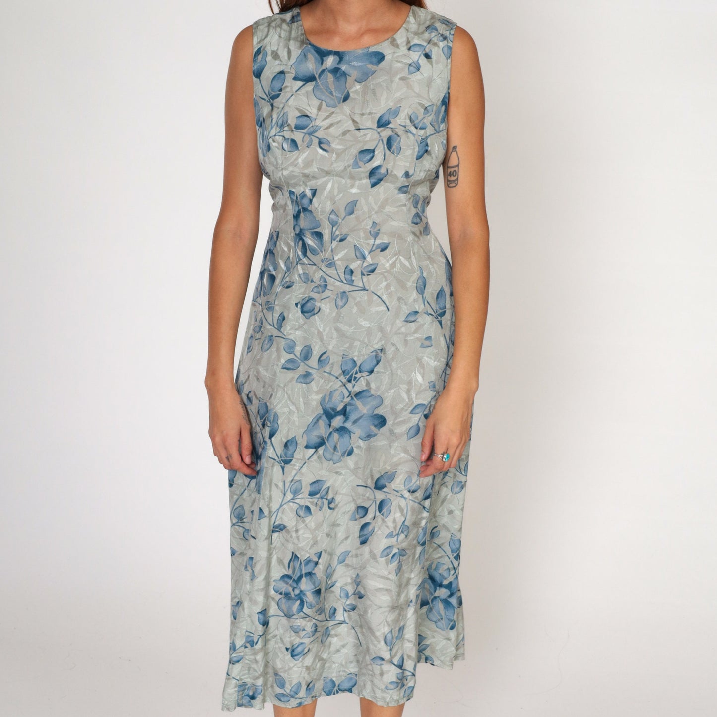 00s Fashion Bug Floral Midi Dress Grey Blue Embossed Leaf Sleeveless Medium 10